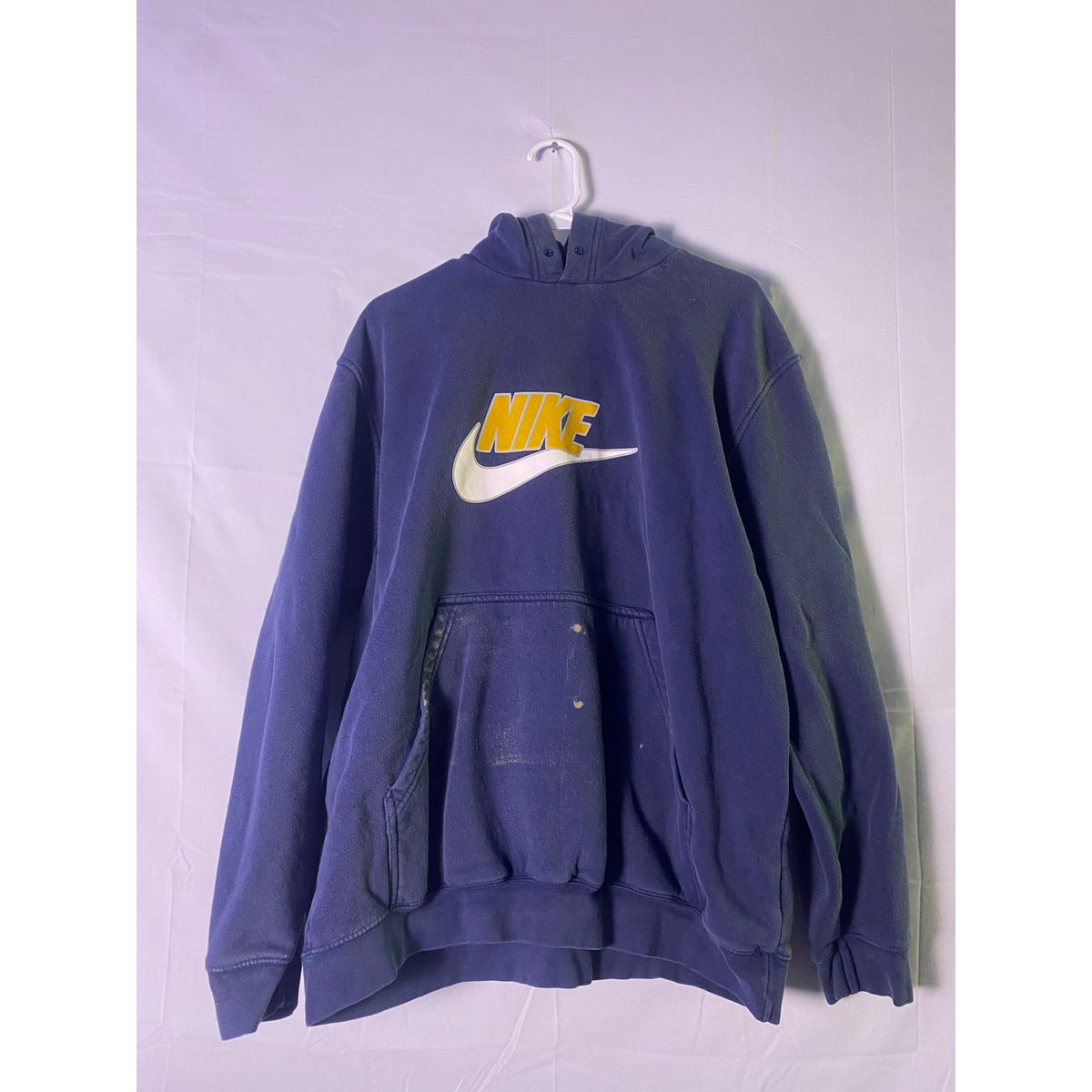 Y2K Nike Swoosh Logo Graphic Print Pullover Hoodie Navy Blue Men's Size Large Faded Paint Grunge