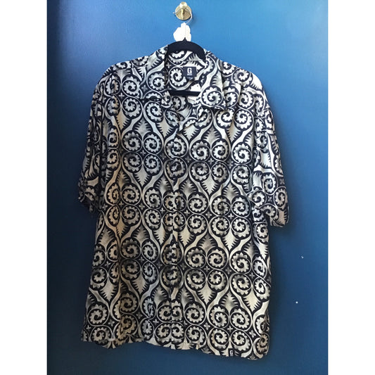 Vtg Guess Hawaiian Shirt Beige Geometric Tribal Aloha Rayon Button Up Men Large