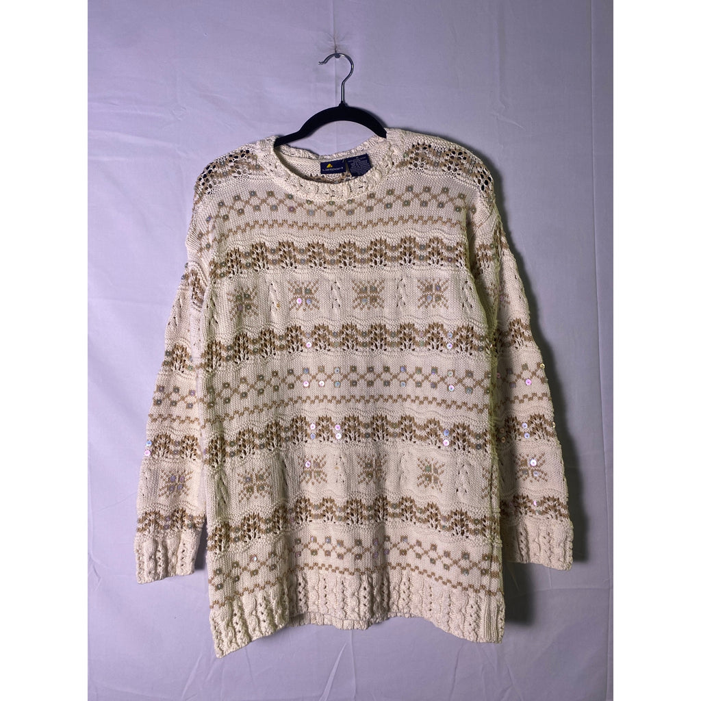 Vintage Liz Sport Cream Tan Snowflakes Knit Beaded Crewneck Sweater Medium
