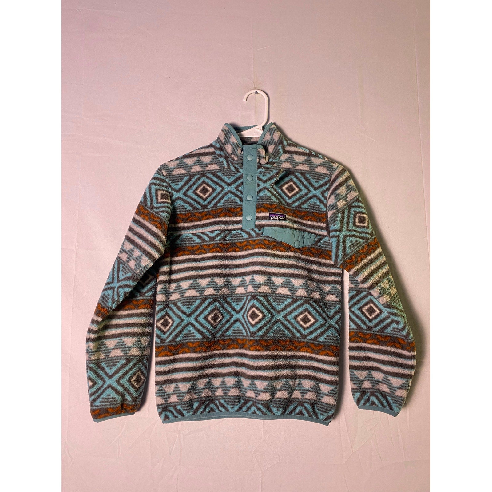 Patagonia Blue Synchilla Aztec Print Fleece Snap Sweater Youth Girls Size Large
