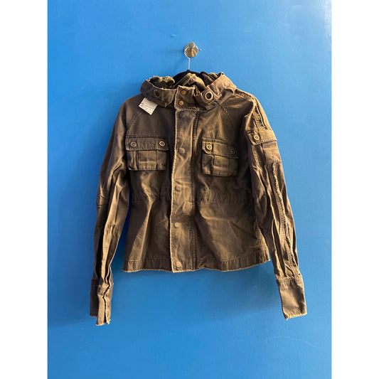 BB Dakota Army Green Cotton Denim Cargo Jacket w/ Convertible Collar Hood Medium