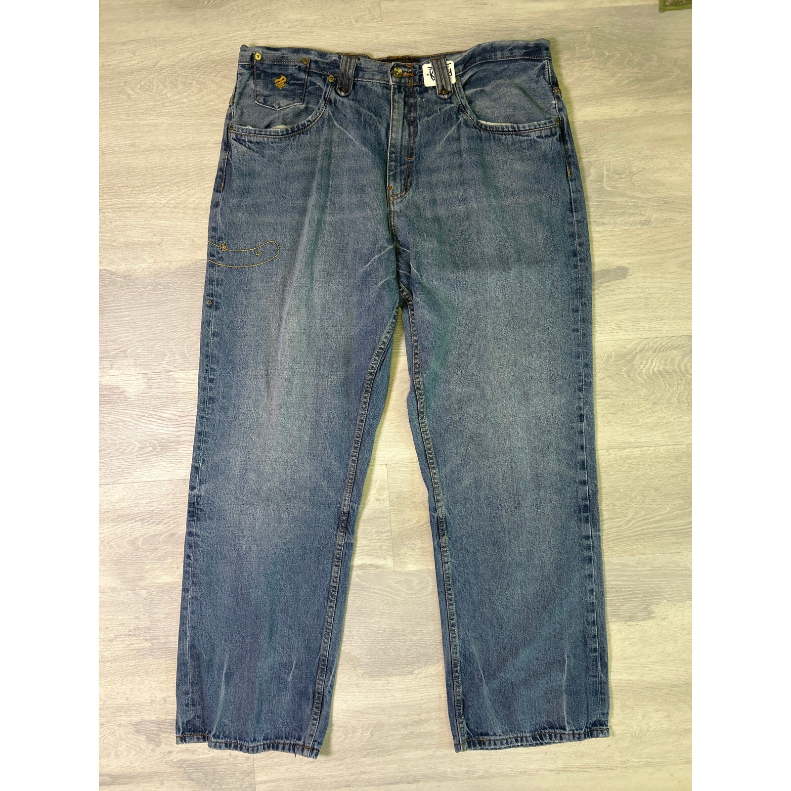 Y2K Rocawear Embroidered Yellow "R" Straight Leg Medium Wash Jeans Men's Size 40