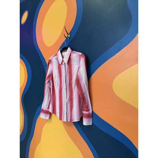 90s Y2K Pink White Striped Button Up Long Sleeve Cotton Shirt Women's Size 12