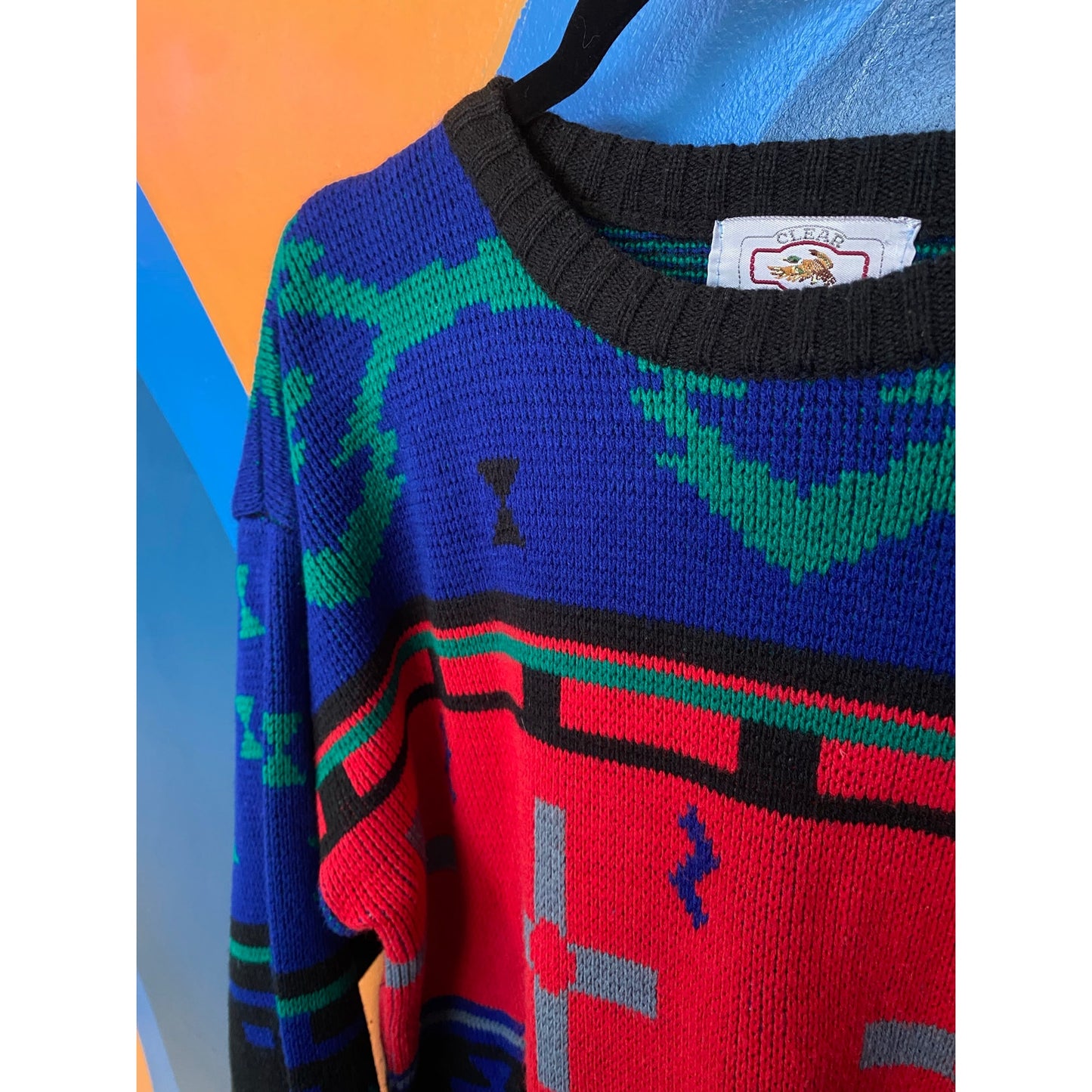Clear Creek Vintage Red Blue Knit Crew Neck Pullover Sweater Men's Size Large