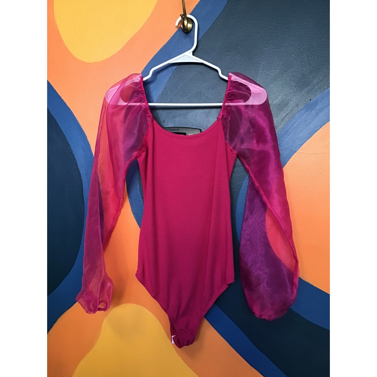 Altar'd State Fuchsia Pink Sheer Long Sleeve Ribbed Body Suit Puff Sleeve Small