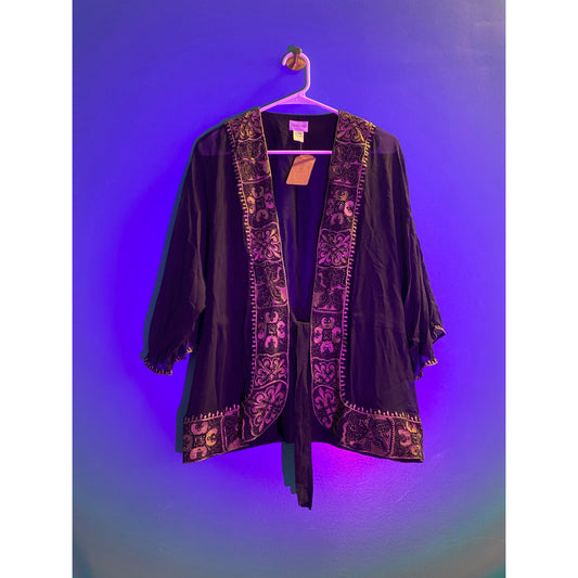 Chico's 100% Silk Black Beaded Floral Sheer Front Tie Cardigan Small/Medium