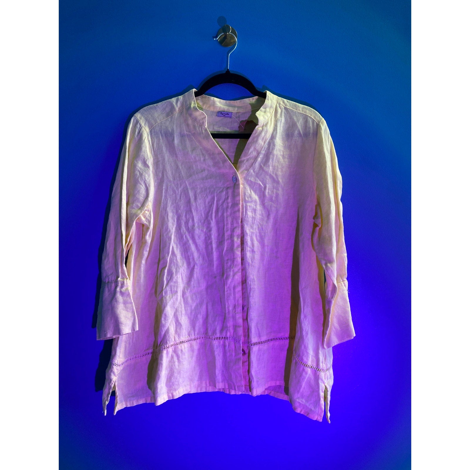 Symple Linen Blouse Button Down Long Sleeve Yellow Shirt V-neck Women's Small
