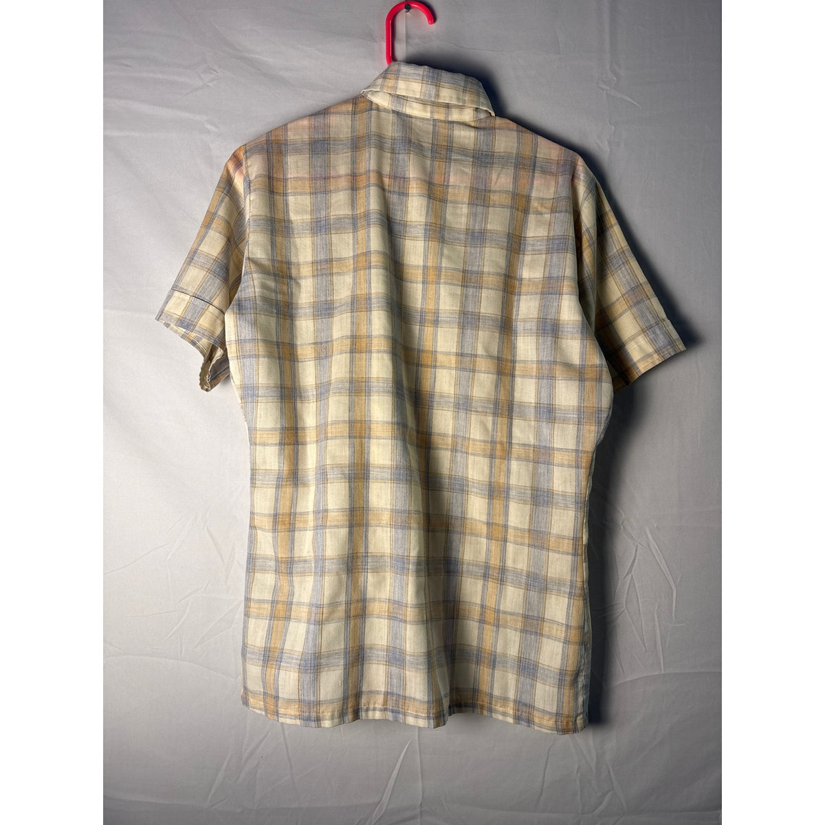 Vintage 70s-80s Wrangler Cream Blue Plaid Button Up Short Sleeve Shirt Men Small
