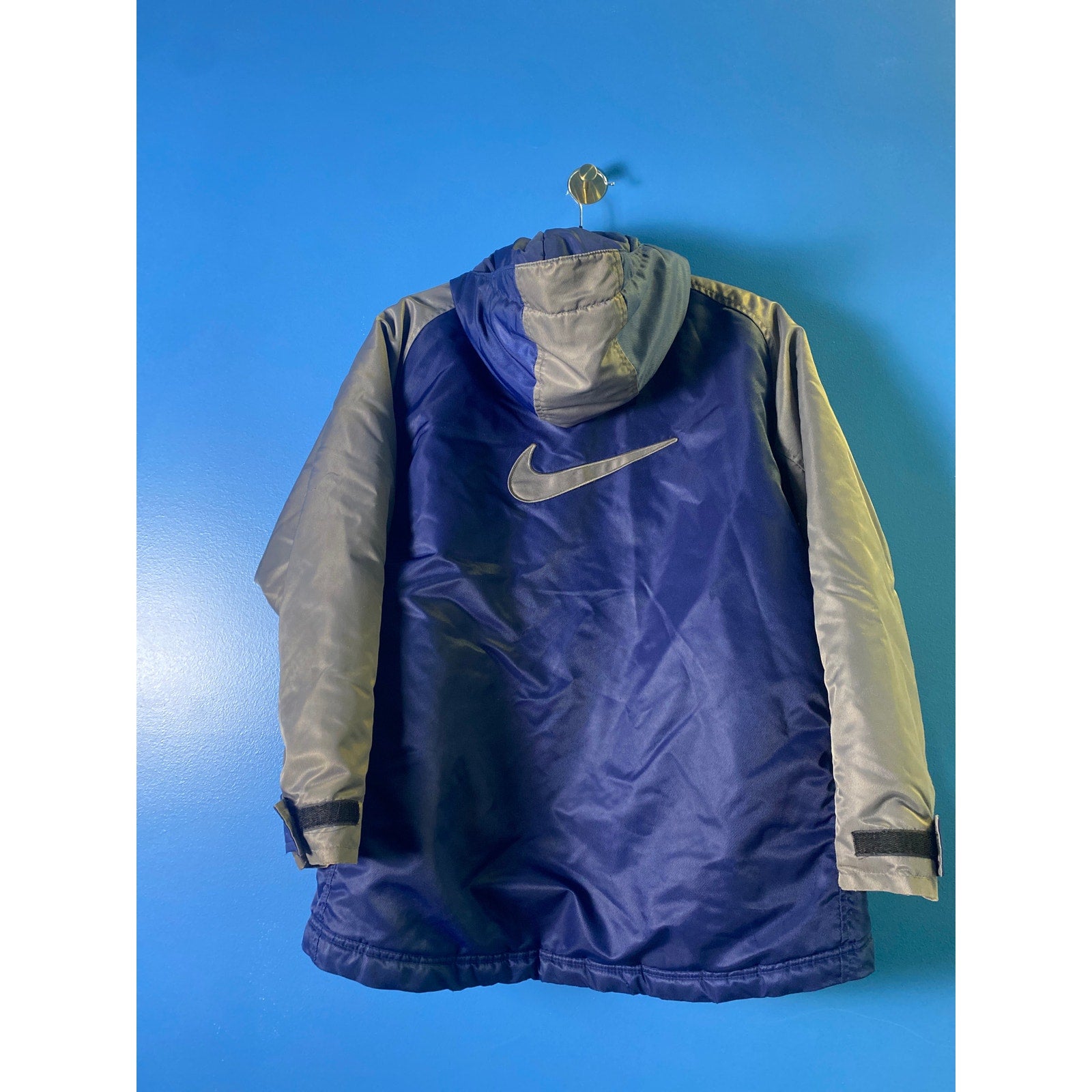 Vintage 90s Nike Big Swoosh Blue Gray Full Zip Hoodie Puffer Jacket Womens Large