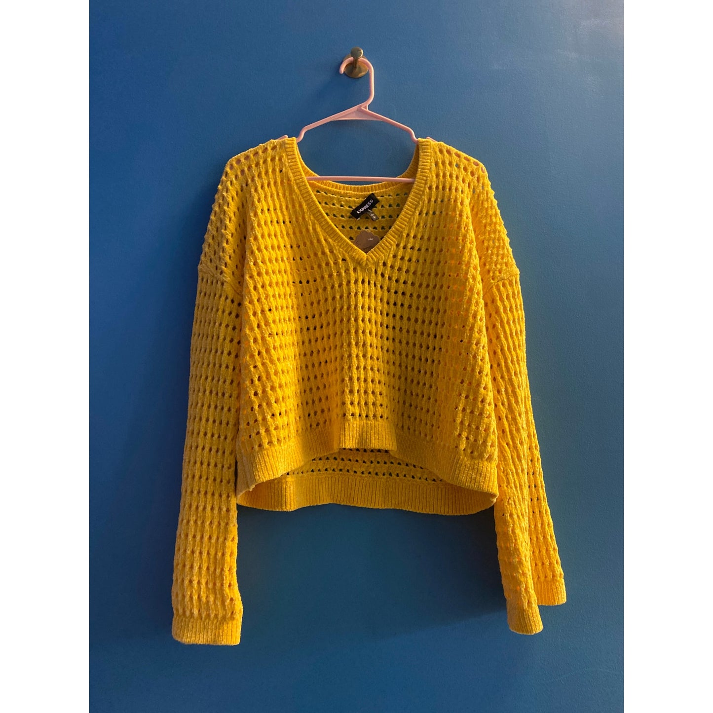Express Yellow V-neck Open Knit Chenille Pullover Sweater Women's Size Small