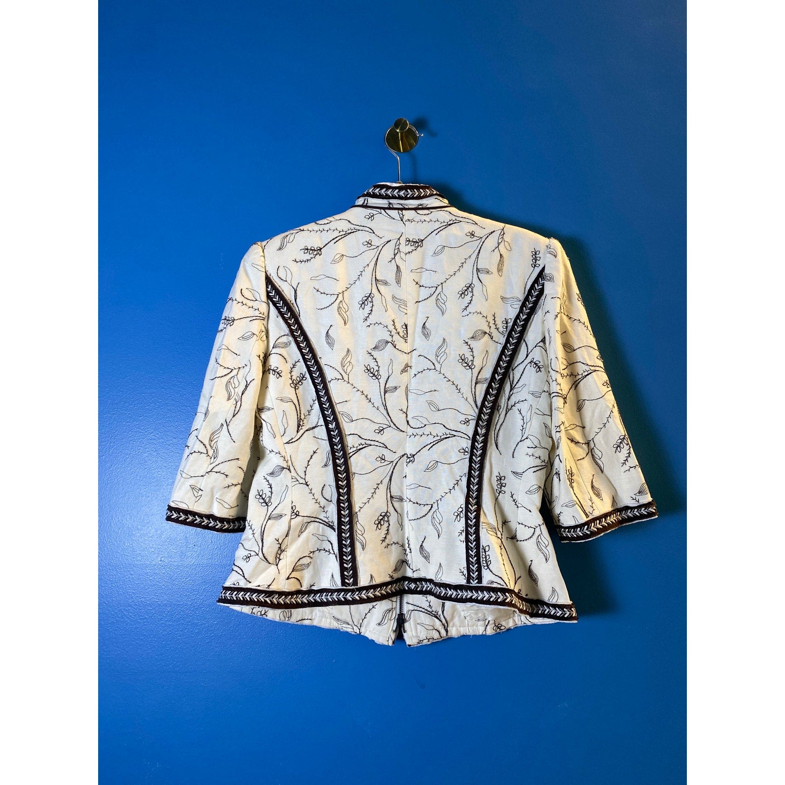 Nygard Collection White Brown Embroidered Full Zip Blazer Jacket Women's Small