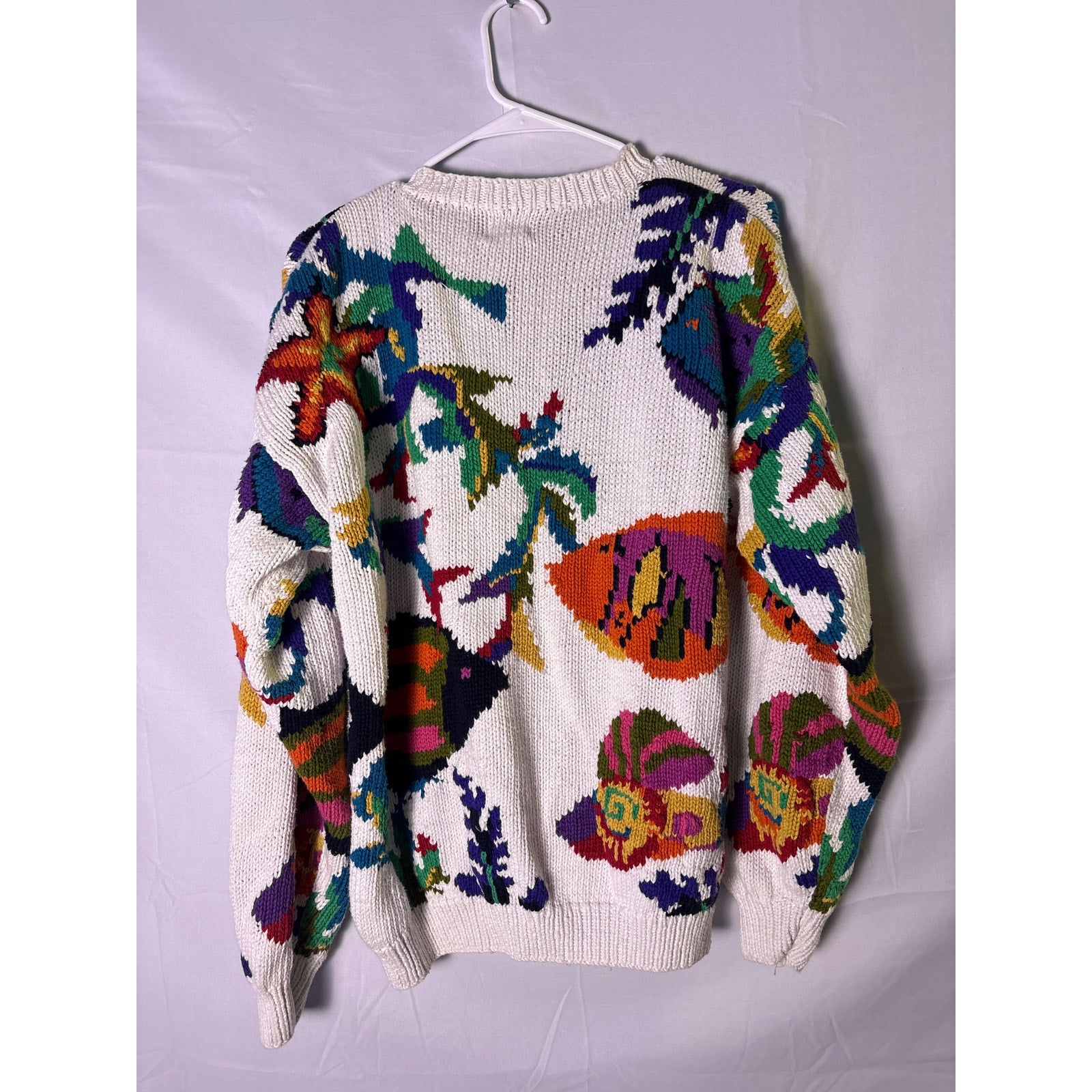 Vintage 80s Saks Fifth Avenue Aquatic Fish Floral Neon Chunky Sweater Size Large