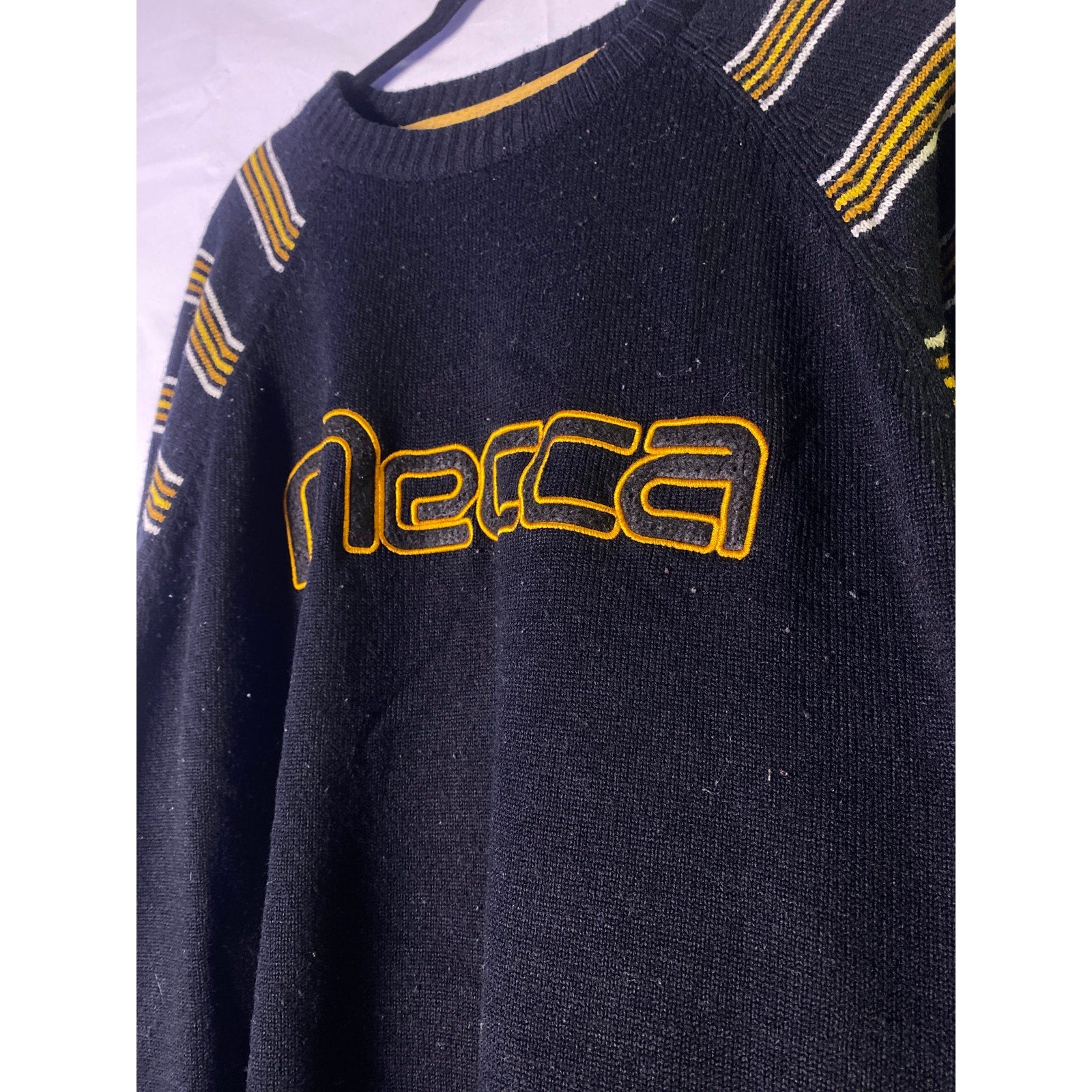 Y2K Mecca Crewneck Sweater Yellow White Striped Ribbed Knit Men's Size 3XL