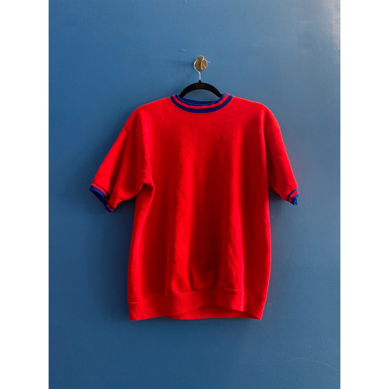 Vintage 80's Red Blue Short Sleeve Crew Neck Sweatshirt Women's Size Large
