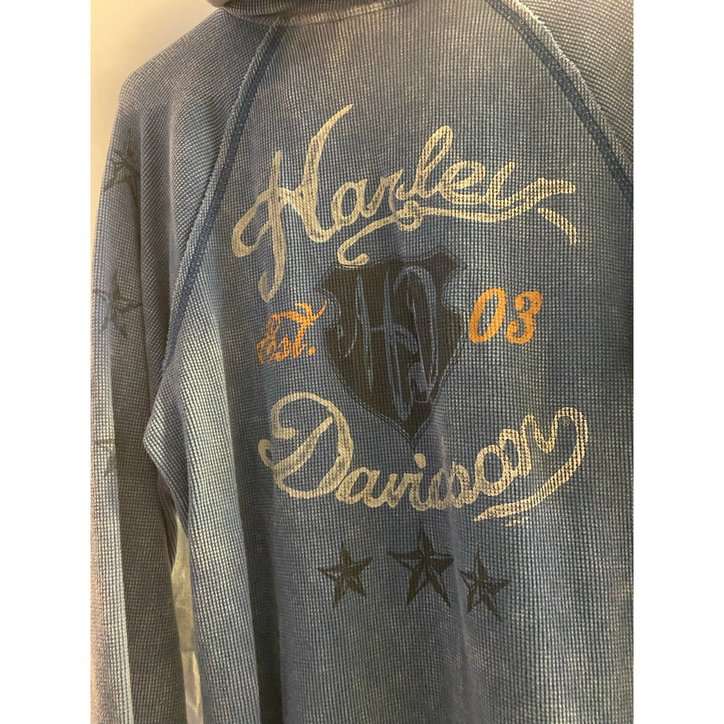 Harley Davidson Blue Thermal Shirt w/ Hoodie Long Sleeve 1/4 Buttons Women's XL