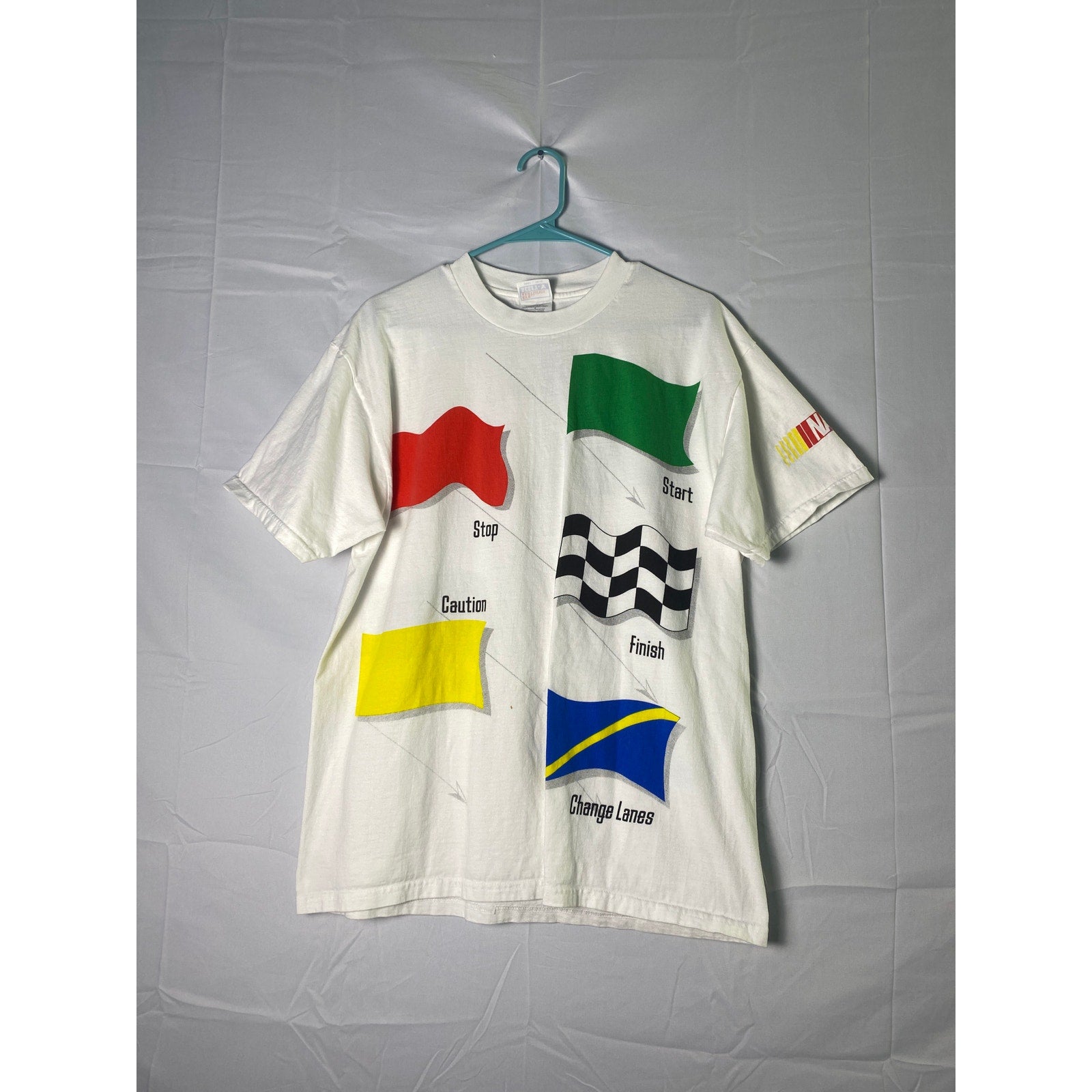 Hanes NASCAR Race Flags Start-Stop-Finish etc White Shirt Men's Size Large