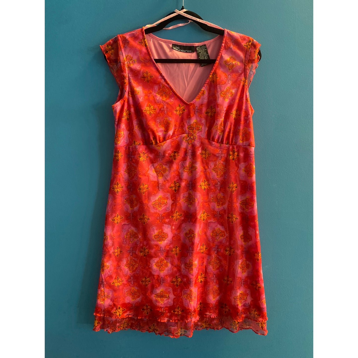 Y2K No Boundaries Red Floral Mini Dress V-neck Ruffled Hem Women's Junior Large