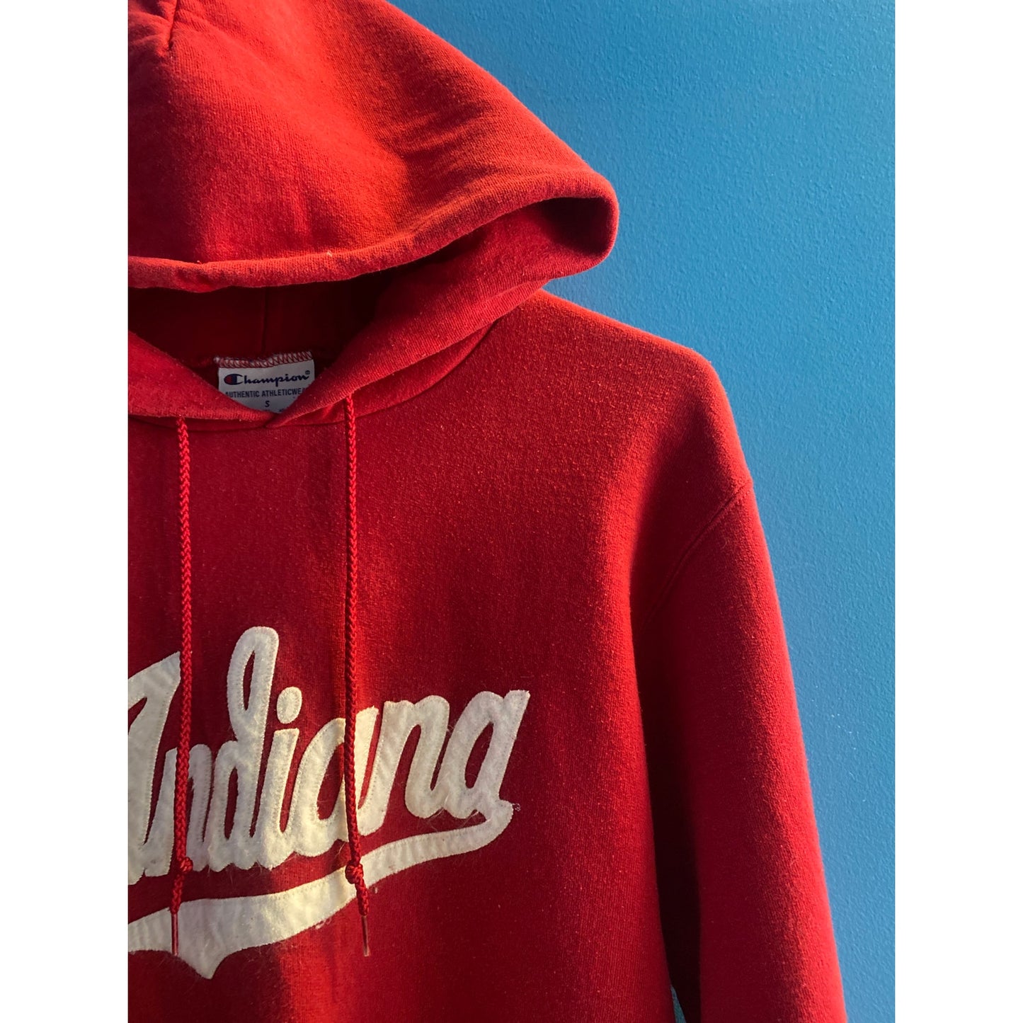 Champion IU Indiana University Red Pullover Hoodie Drawstring Script Men's Small