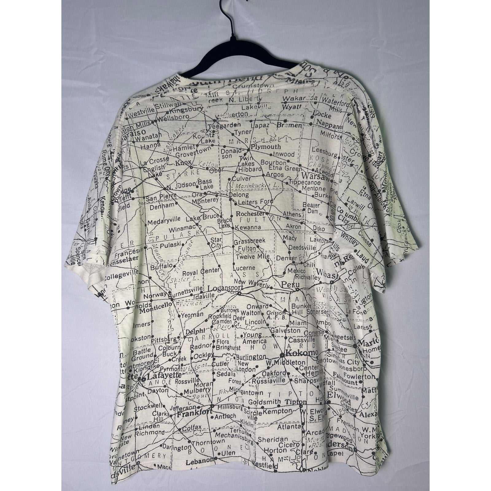 Vintage Indiana Map Short Sleeve  Faded All Over Print T-Shirt Cotton Mens Large