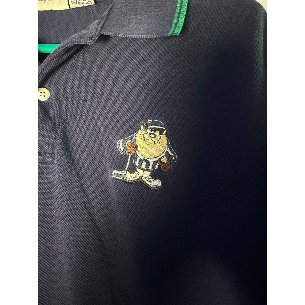 Looney Tunes Tasmanian Devil Embroidered Navy Green Polo Shirt Men's Size XL