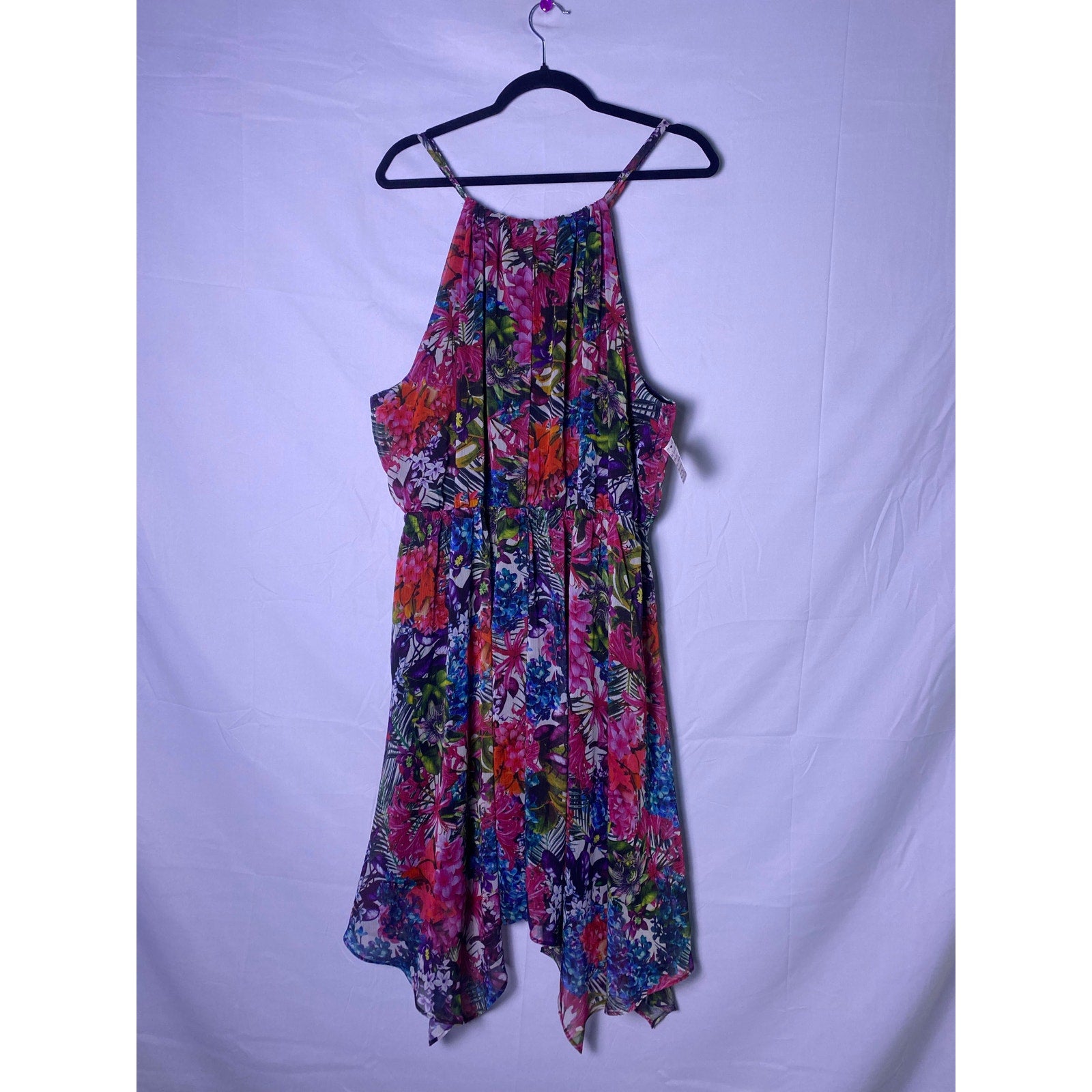 Tropical Chiffon Halter Dress with Asymmetrical Hem