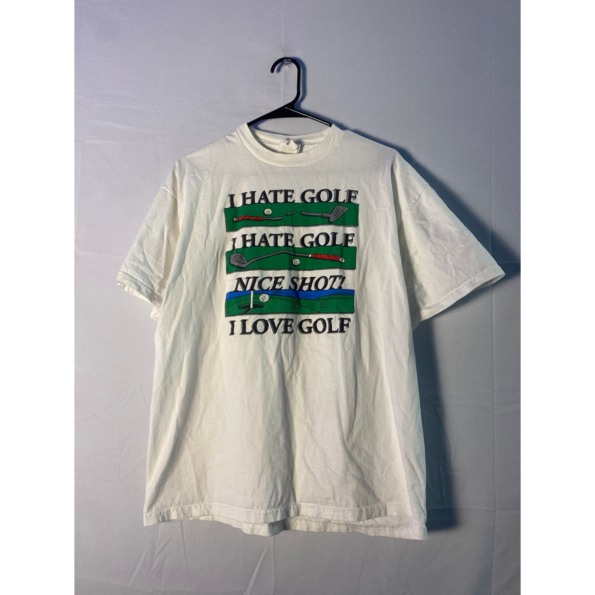 I hate golf, Nice Short, I Love Golf. Graphic Print White Shirt Men's Size Large