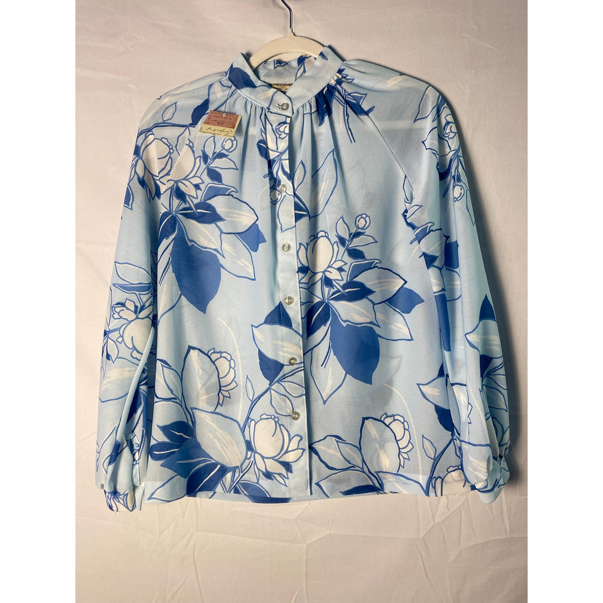 Vintage 70s Alfred Dunner Blue Floral Sheer Button-Up Blouse Women's Size Small
