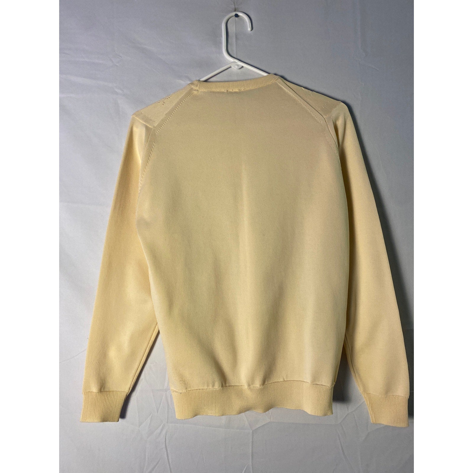Vintage 70-80s Pointelle Cream Poly-Knit Sweater Crewneck Pullover Womens Medium