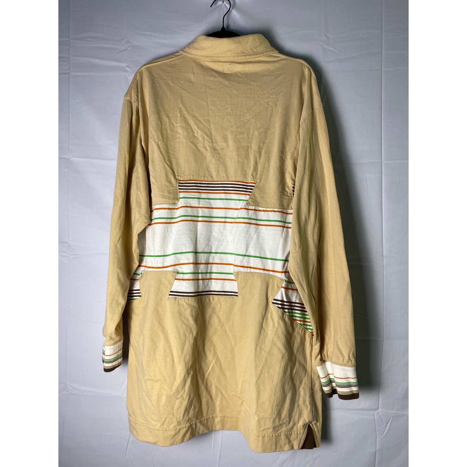 Massive Revolution Beige White Green Polo Shirt Striped Long Sleeve Mens Size 3X