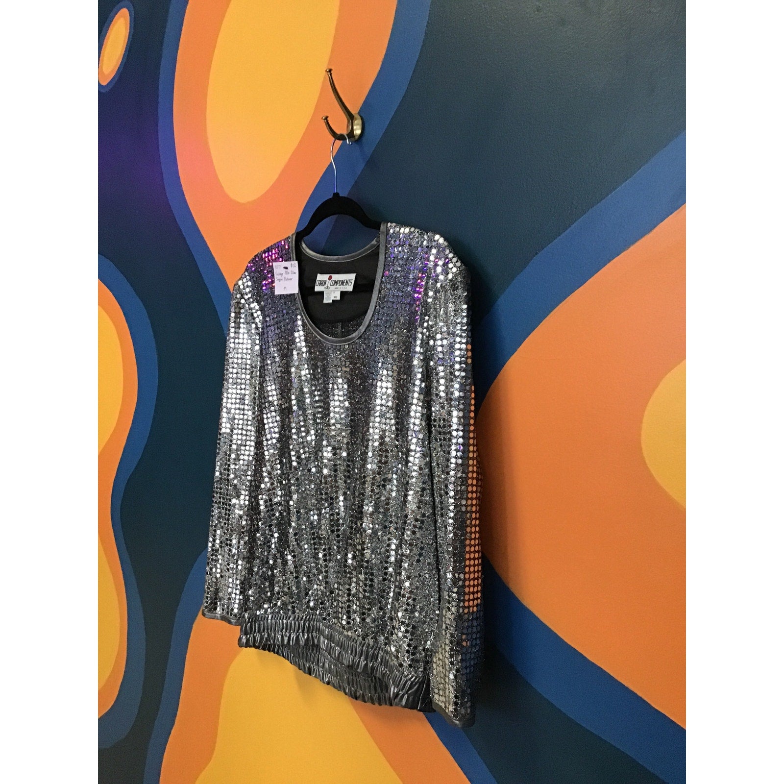 Vintage 80s Caron Components Silver Sequin Pullover Round Neck Shirt Women's Medium