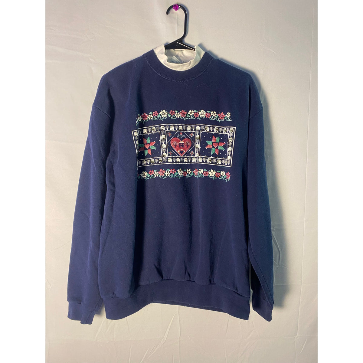 Vintage White Collared Grandma Mock Neck Sweater Pullover Navy Blue Floral Large