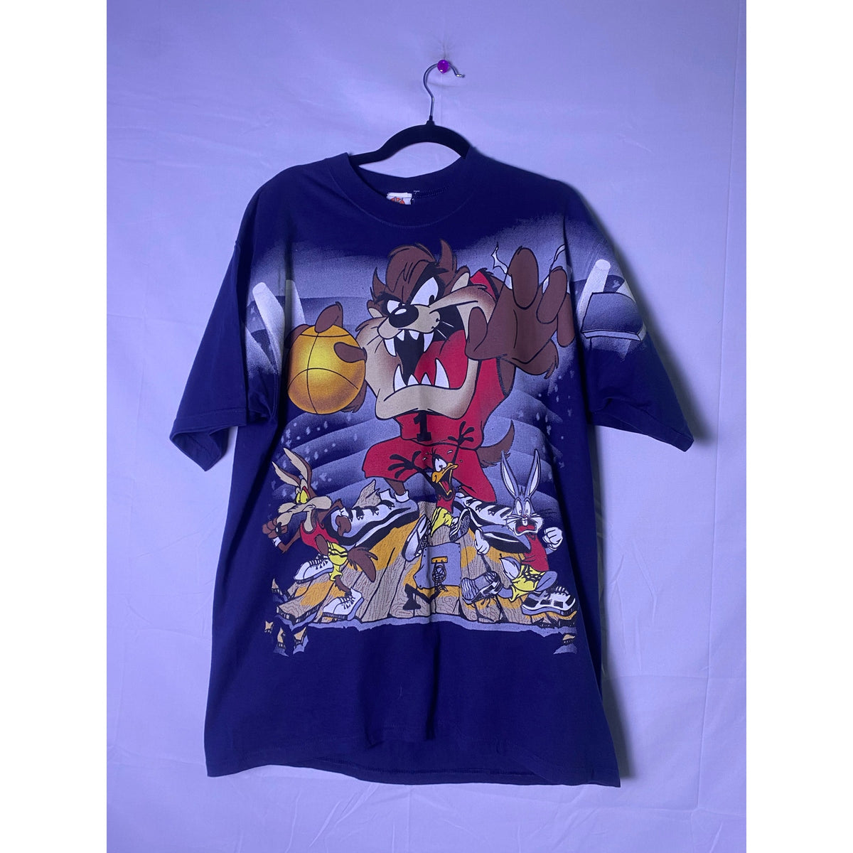 Vintage 1990s Looney Tunes Basketball Allover Print Blue Graphic Shirt Large