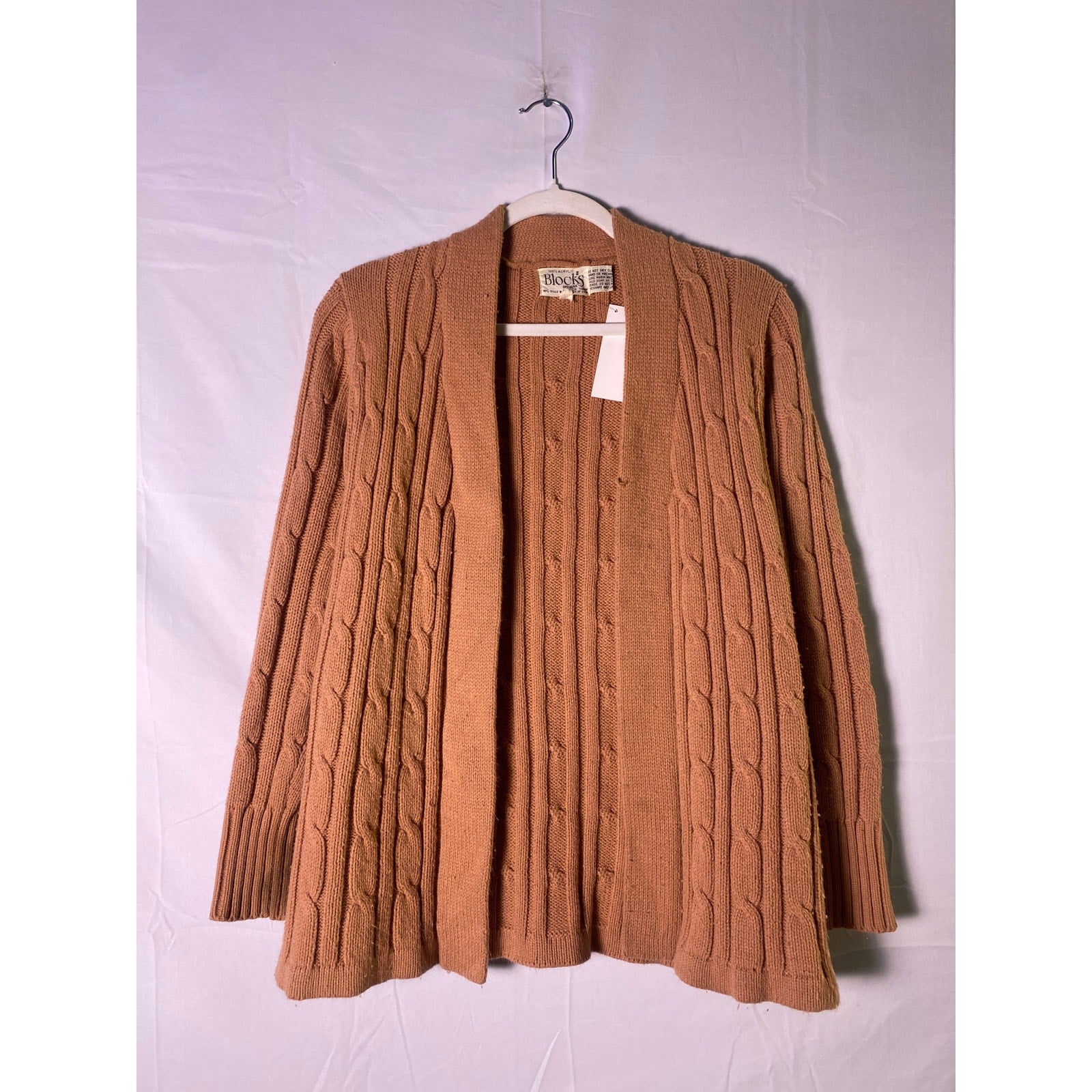 Vintage 60s-70s Blocks Indiana Orange Open Front Knit Cardigan Sweater Large