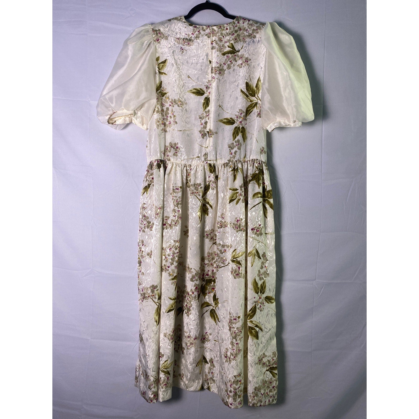 Vintage Terri Ellen White Multi Floral Puffer Sleeve Dress Back Zip Women's L/XL