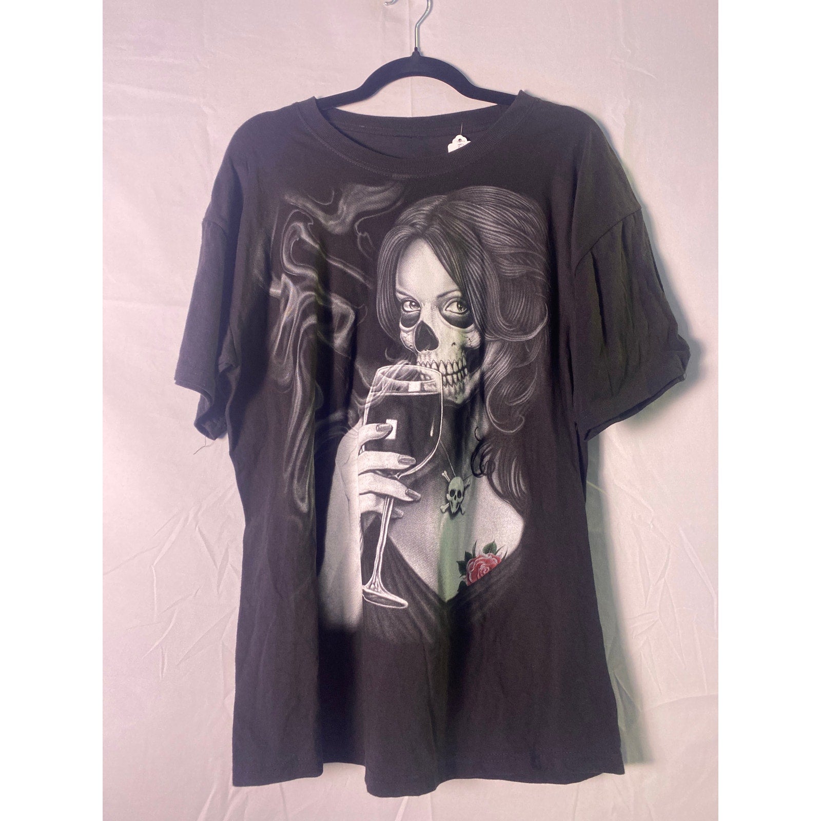 Day of the Dead Biker Chick Drinking Wine With Skull Adult Tee Shirt Large