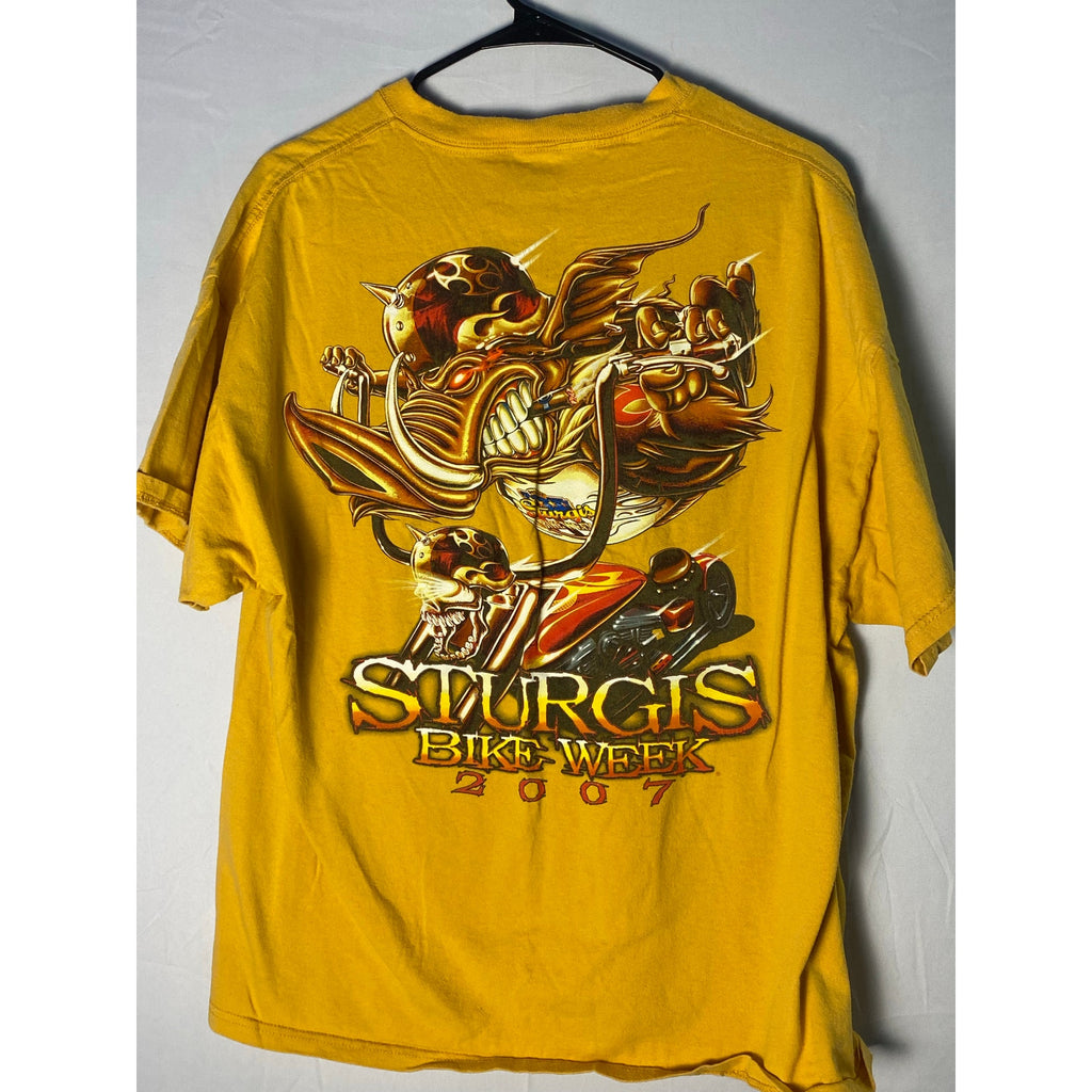 Y2K Sturgis Bike Week 2007 Graphic Print Yellow Crewneck Shirt Men's Size XL