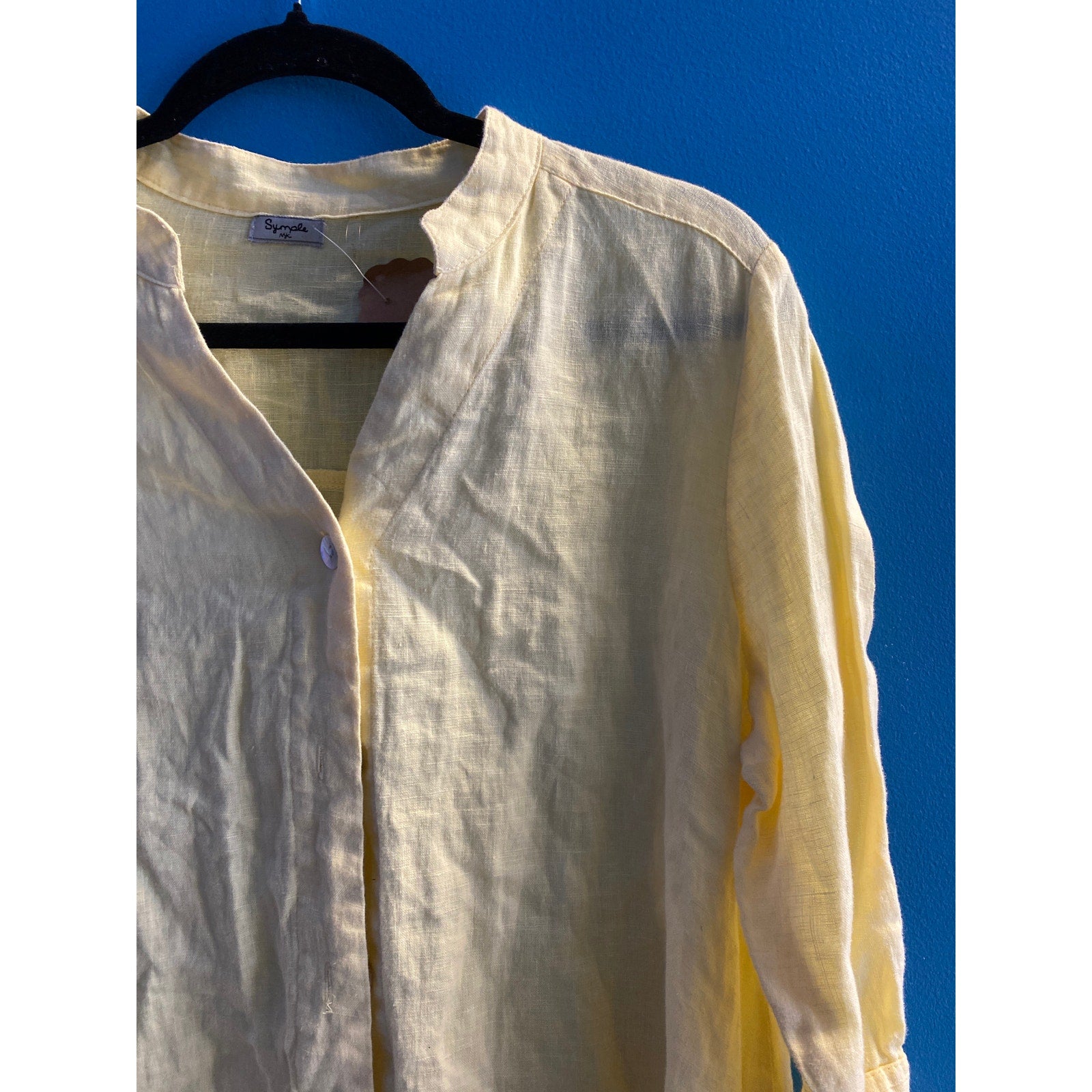 Symple Linen Blouse Button Down Long Sleeve Yellow Shirt V-neck Women's Small