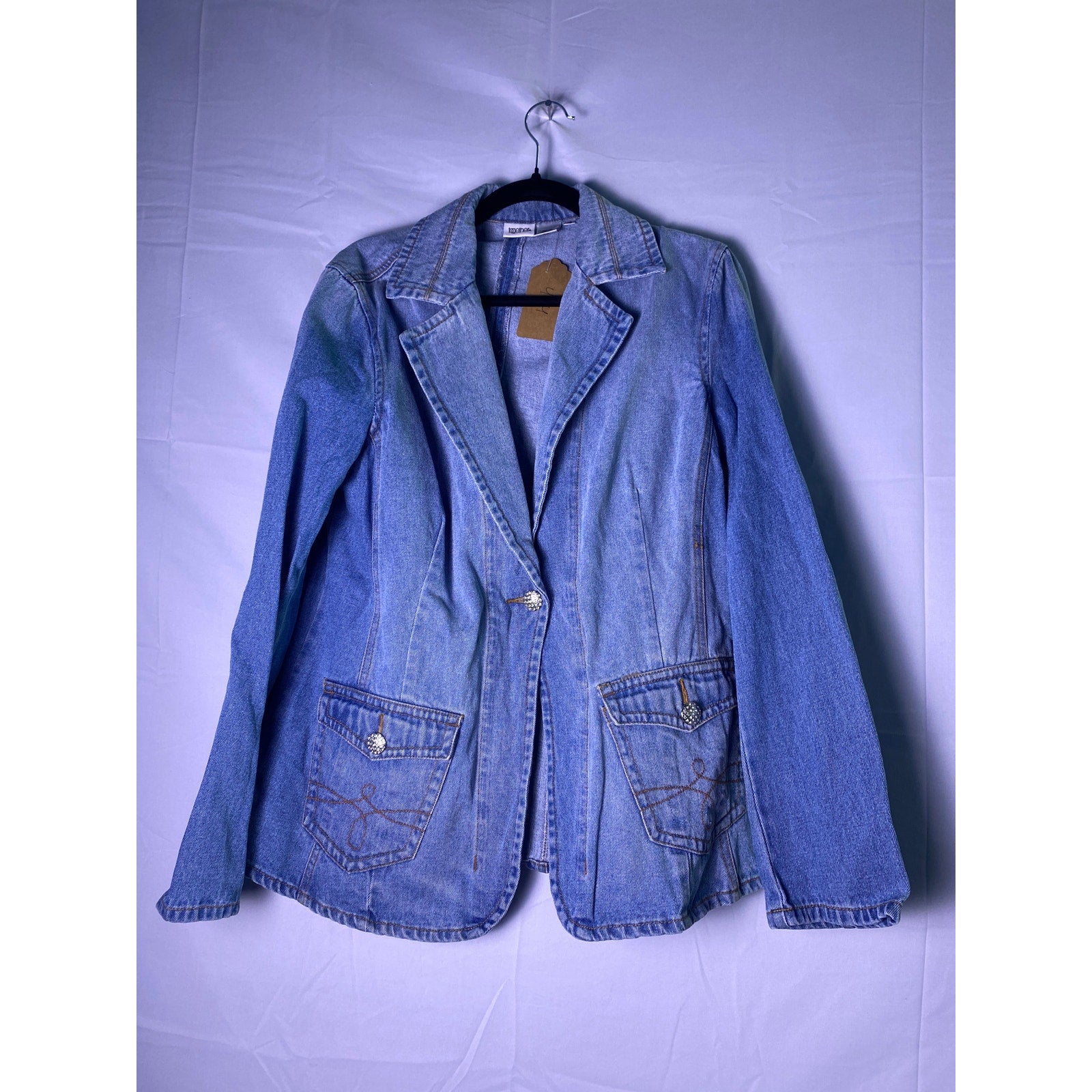 Vintage Together Blue Denim Rhinestone Button Blazer Jacket Women's Size 16
