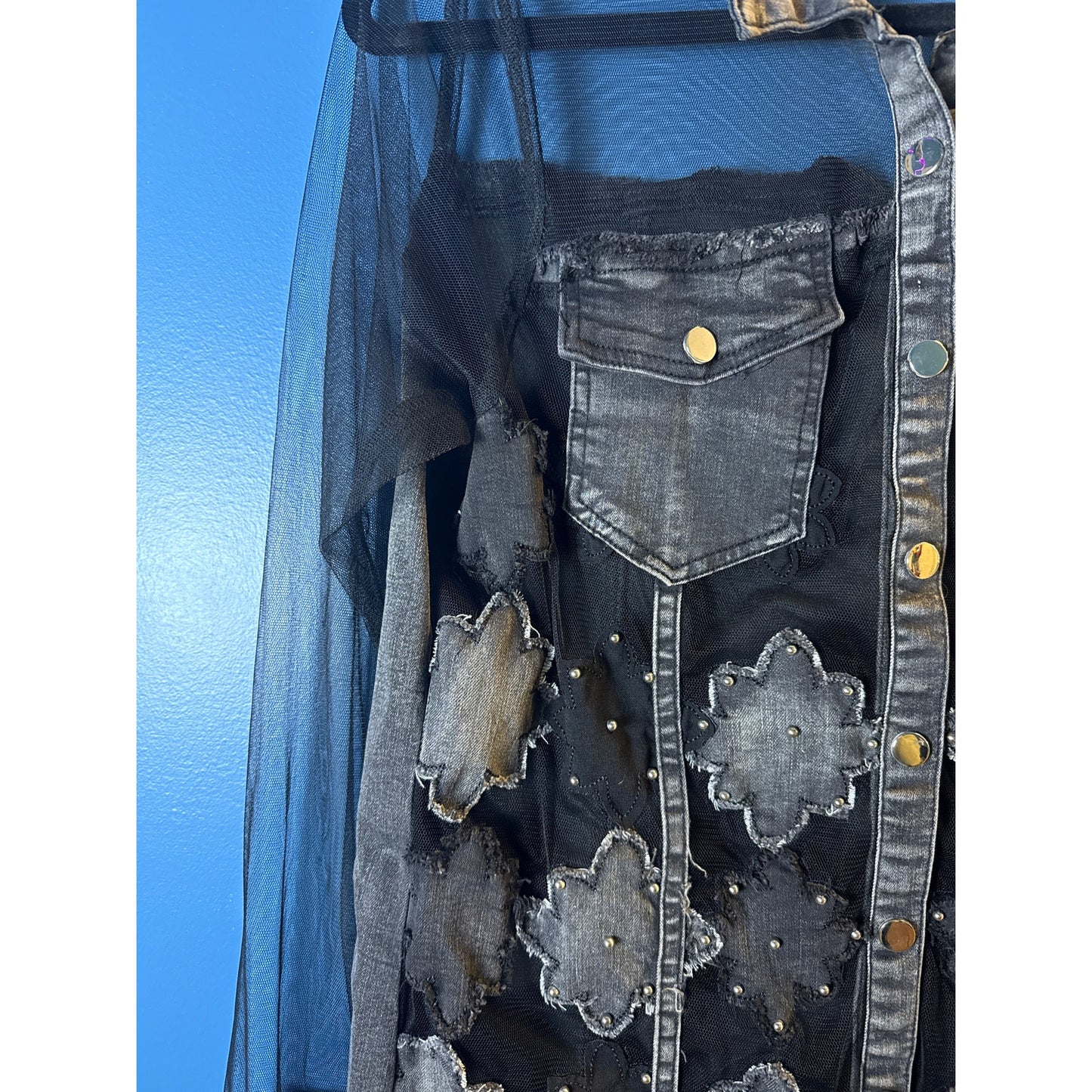 Adore Raw Hem Studs and Flowers Gray Denim Sheer Button Up Jacket Womens Large