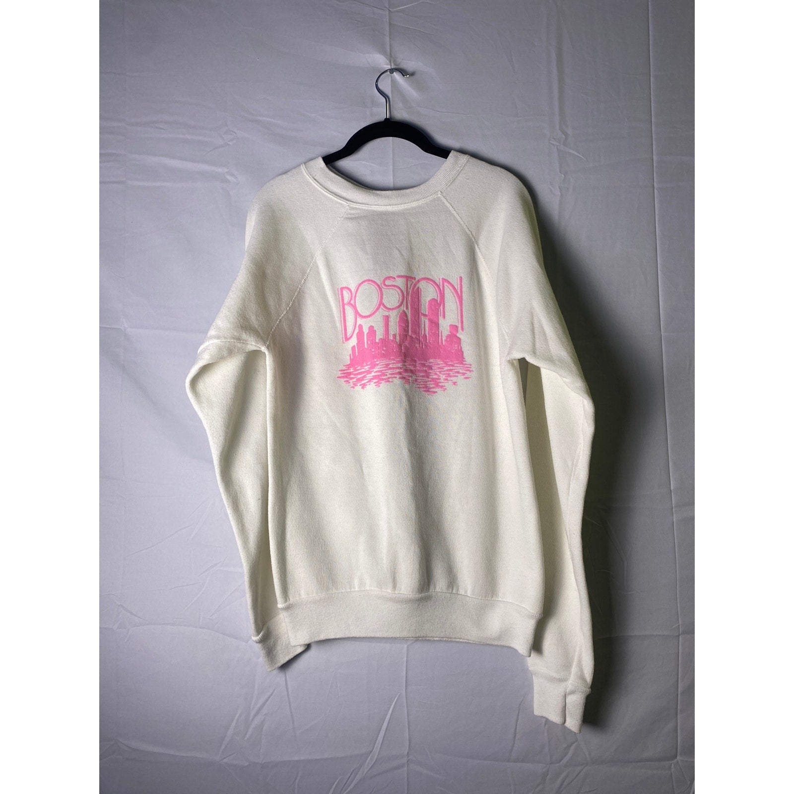 Vintage Tultex Pink Embroidered BOSTON White Crewneck Sweatshirt Womens Medium