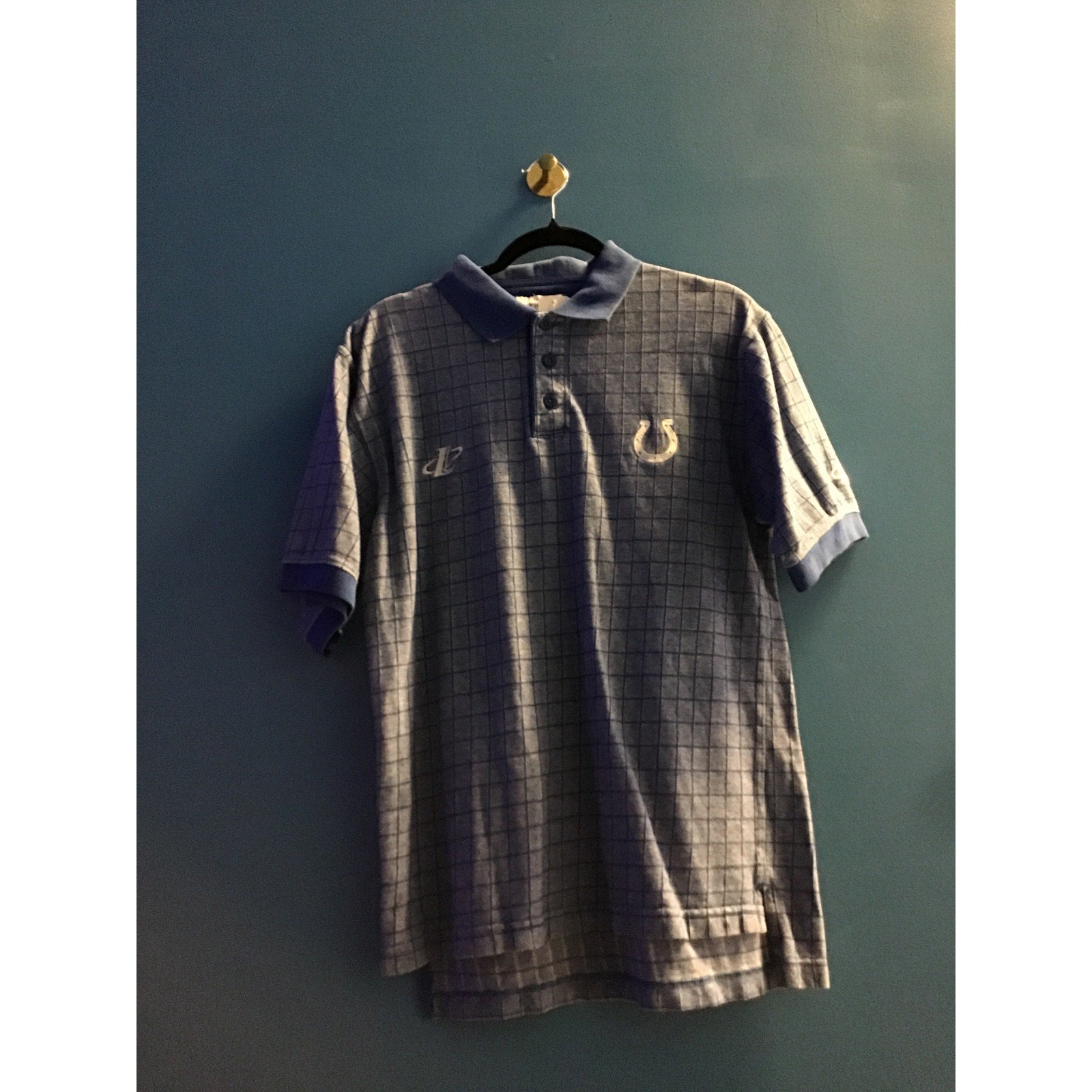Pro Line Indianapolis Colts Logo Blue Check Polo Shirt Short Sleeve Men's Medium