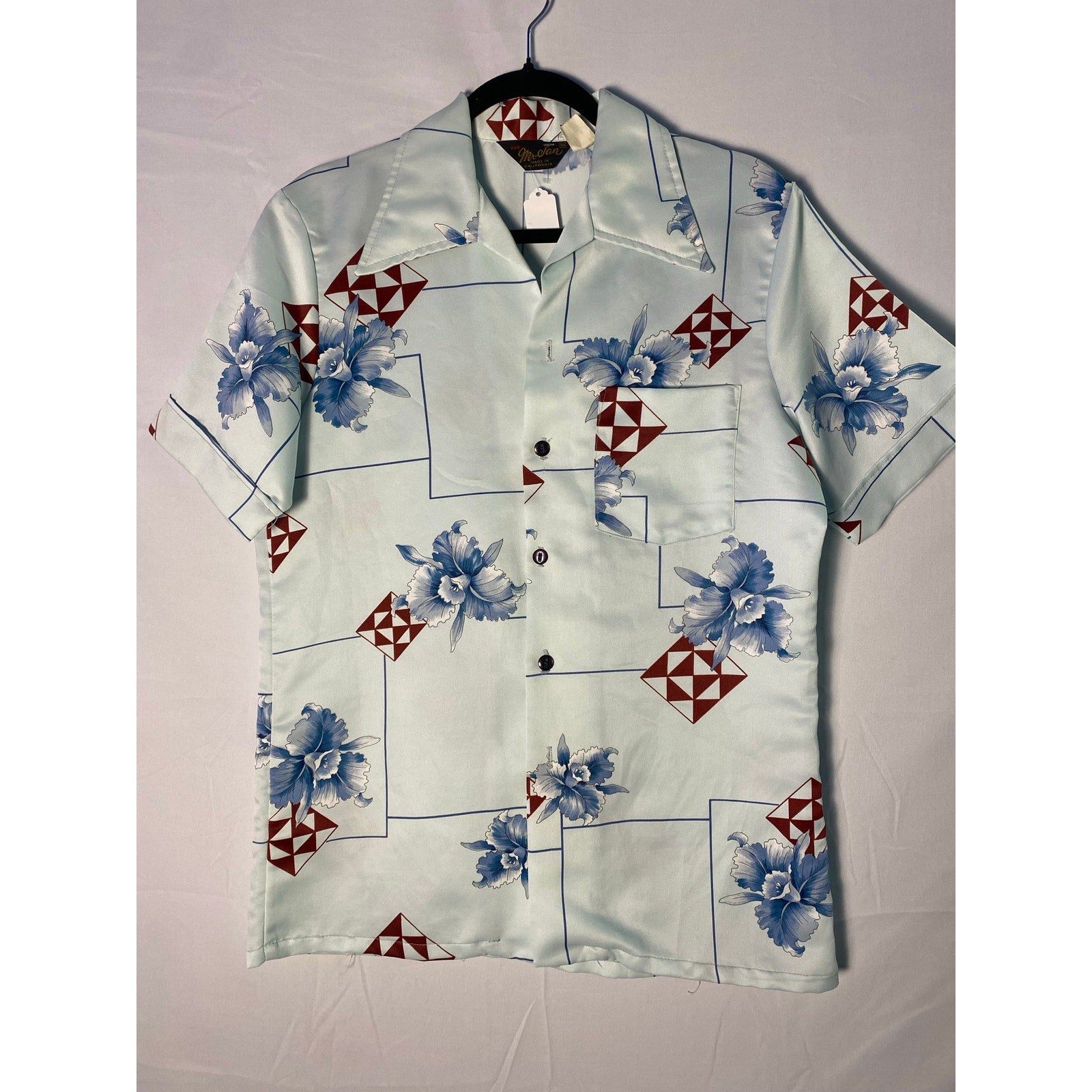 70s Mr Jan Blue Floral Hawaiian Style Button Down Shirt Silk Blend Men's Medium