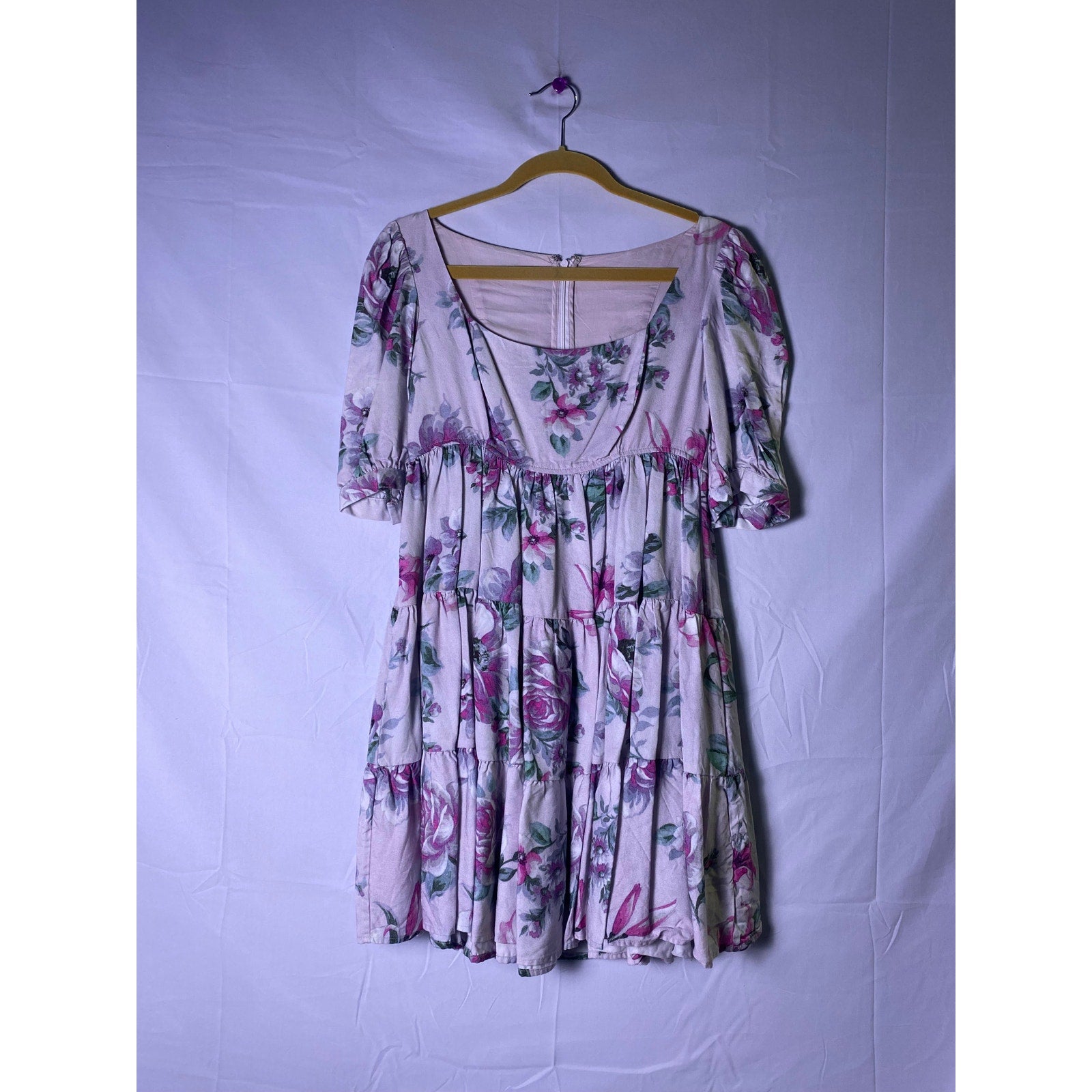 Pink Purple Floral Print Square Neck Babydoll Mini Dress with Tiered Skirt
