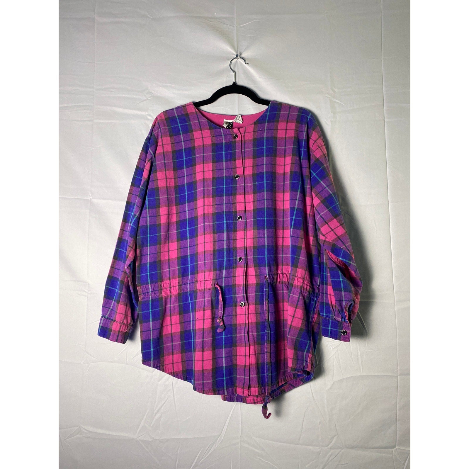 Pink Blue Plaid Waist Tie Button Up Blouse Women's Size Large