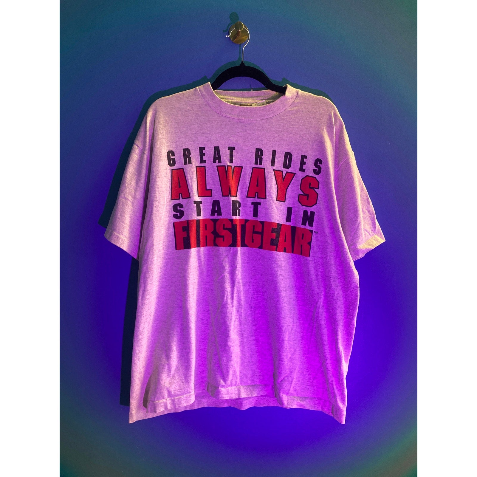 Vintage 90s Fender Great Rides ALWAYS Starting First Gear Print White Shirt XL