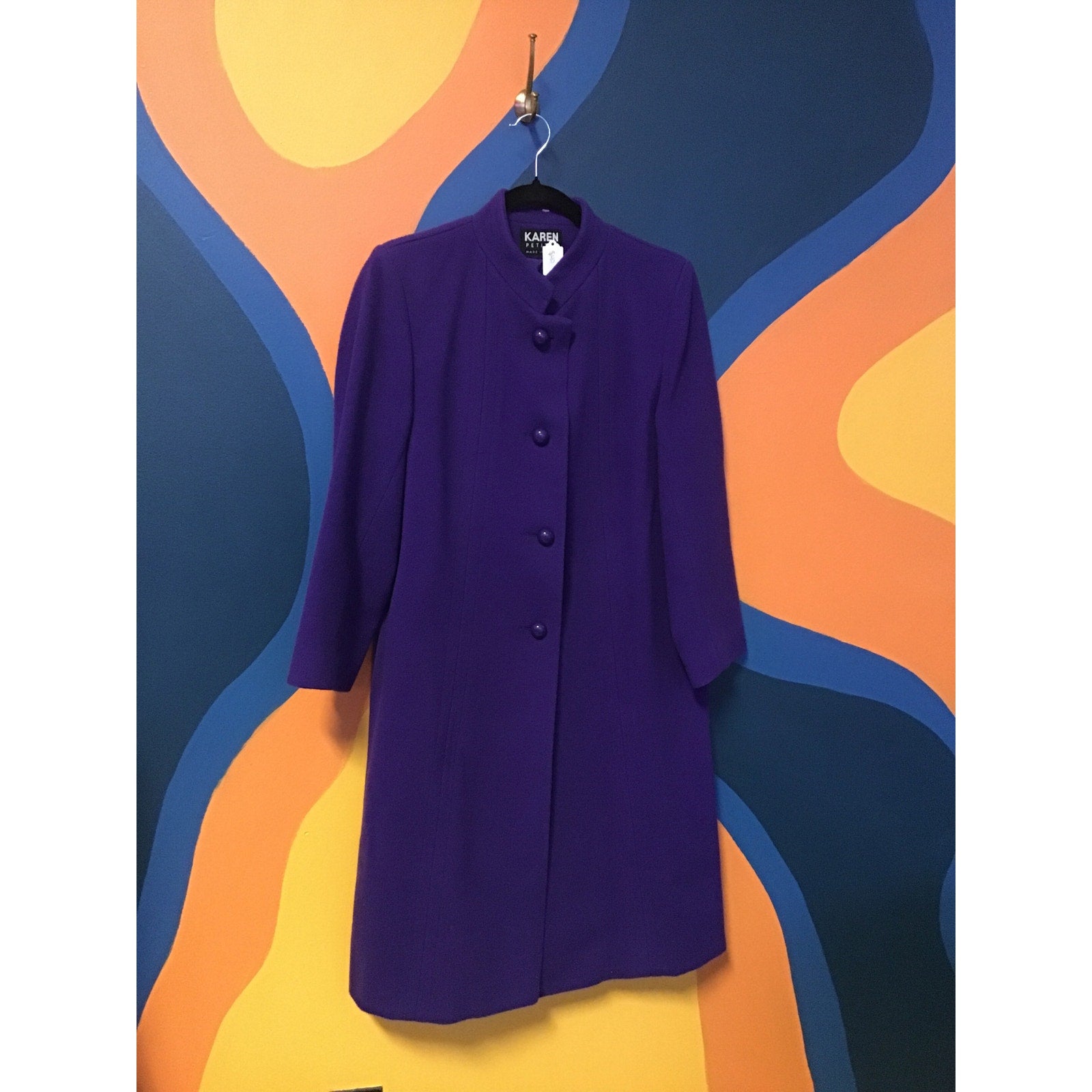 KAREN Purple Long Button Up Coat Jacket Womens Size Small Petite