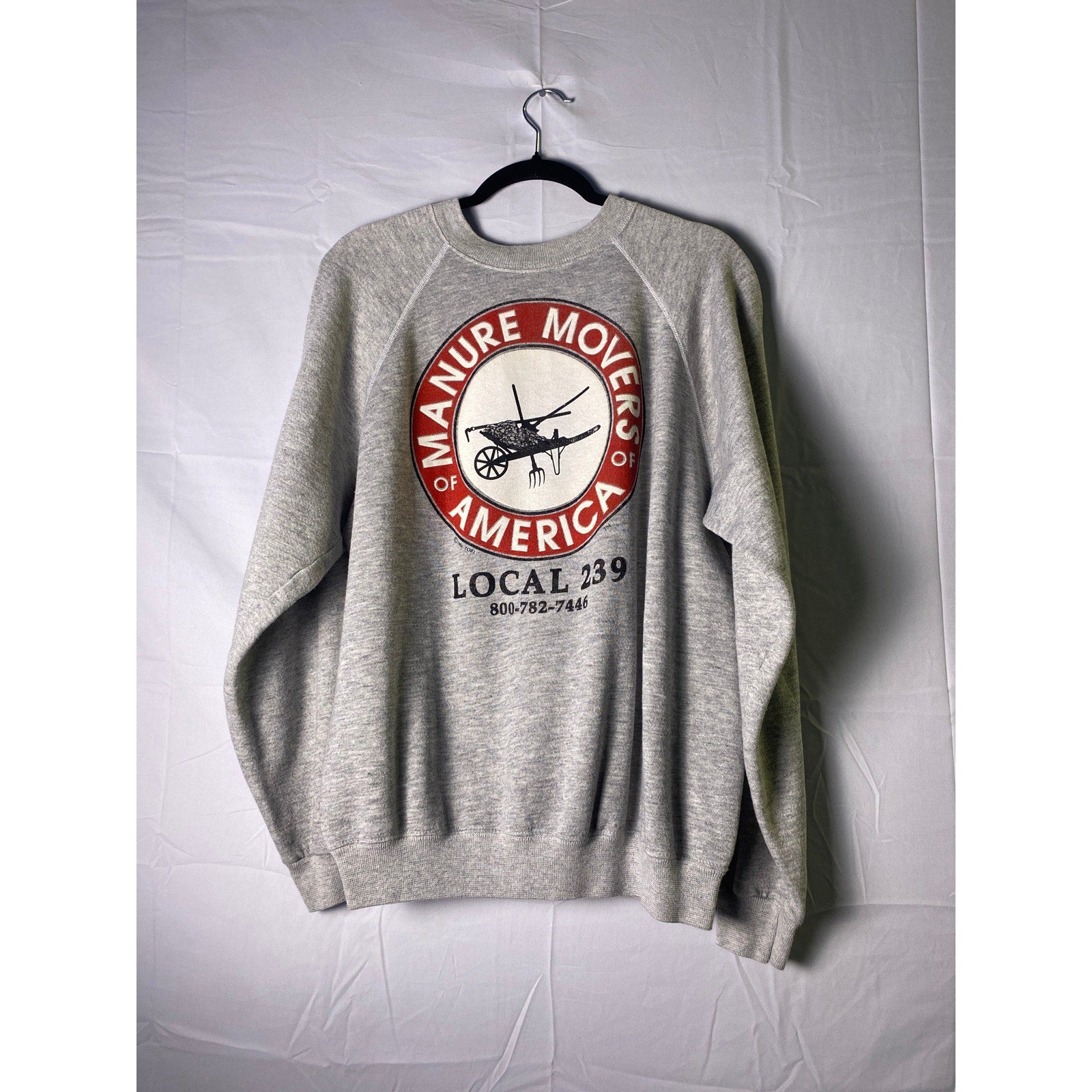 Vintage 80s Workwear Manure Movers of America Retro  Grey Crewneck Sweatshirt XL
