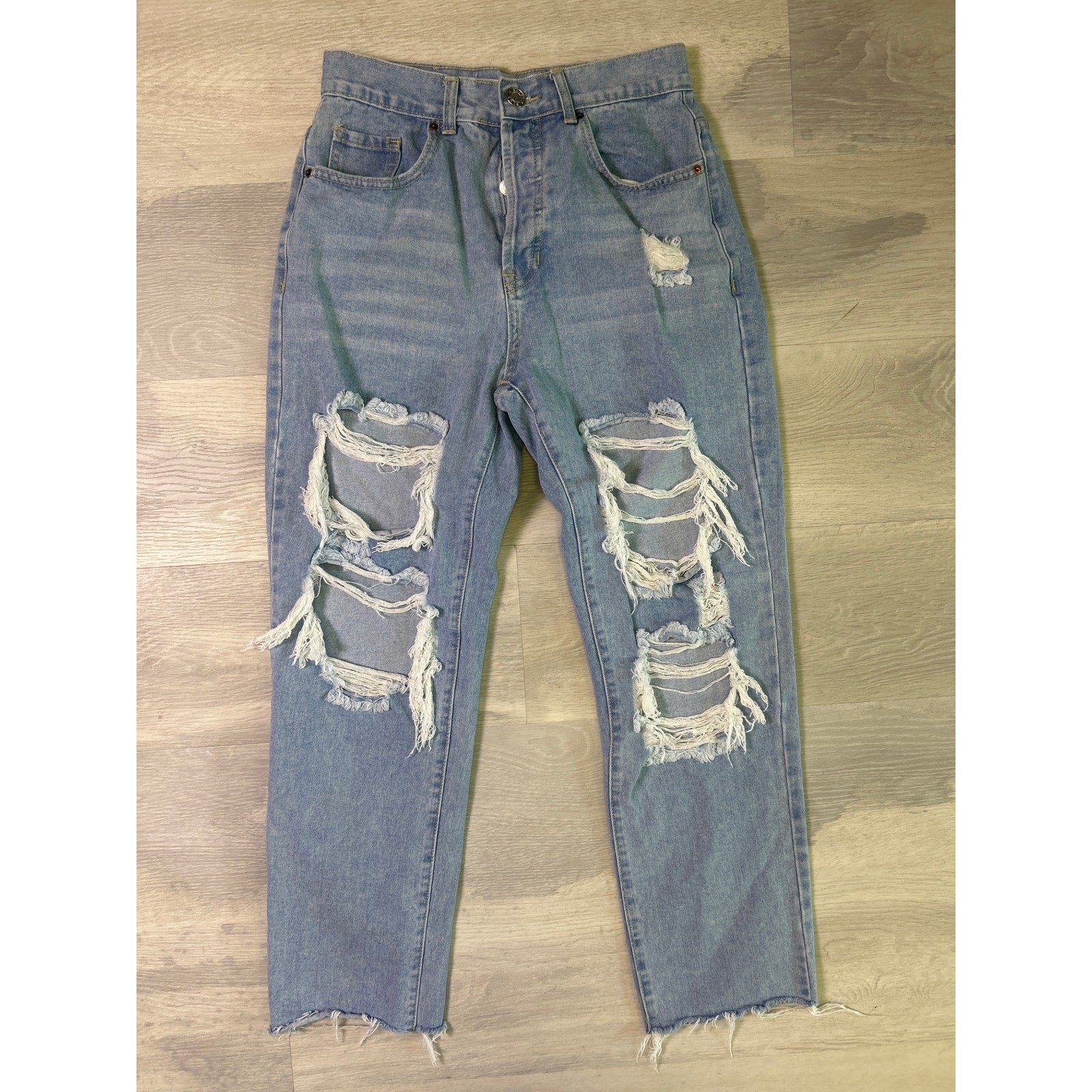 Blue Savvy Denim Straight Leg Ripped Distressed Light Wash Jeans Women's Size 28