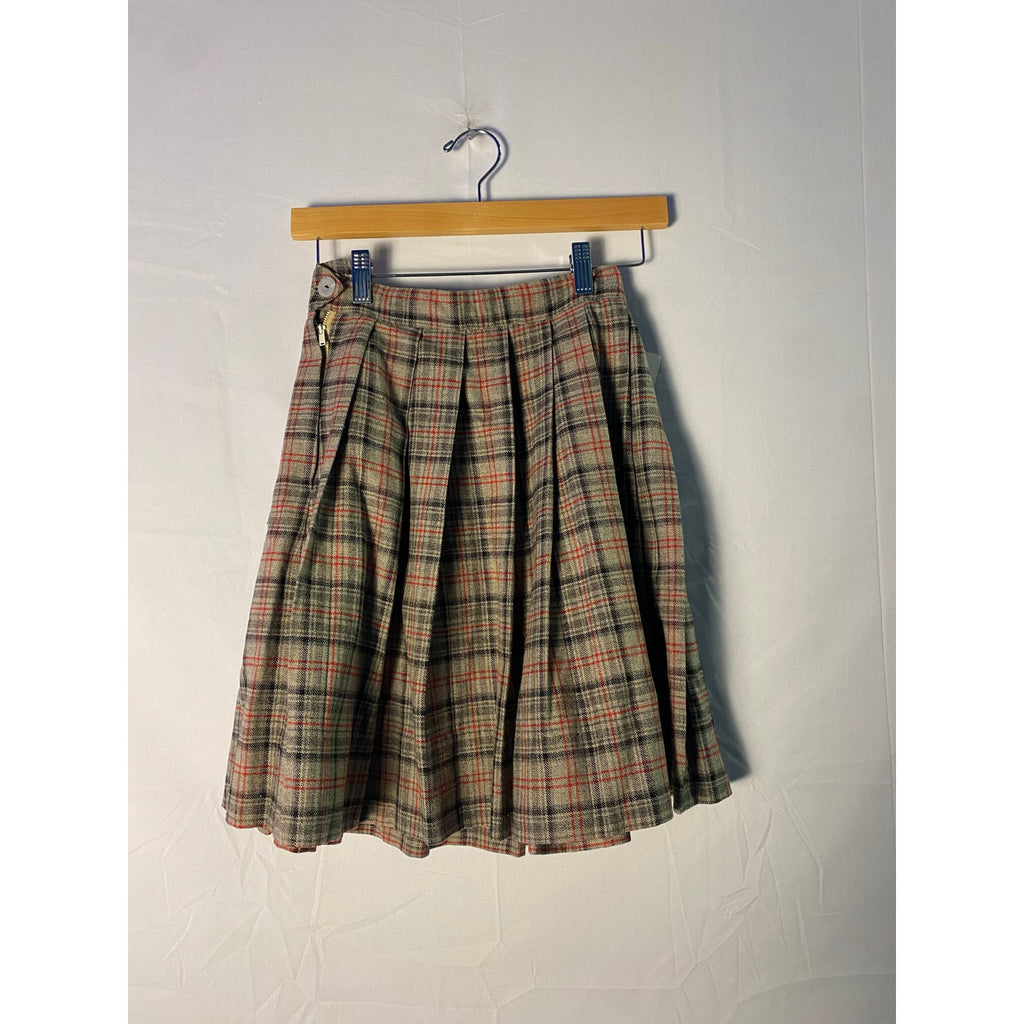 Vintage 60s Skirt Brown Plaid Wool Blend Pleated A-line Skirt Women's Size XS/12