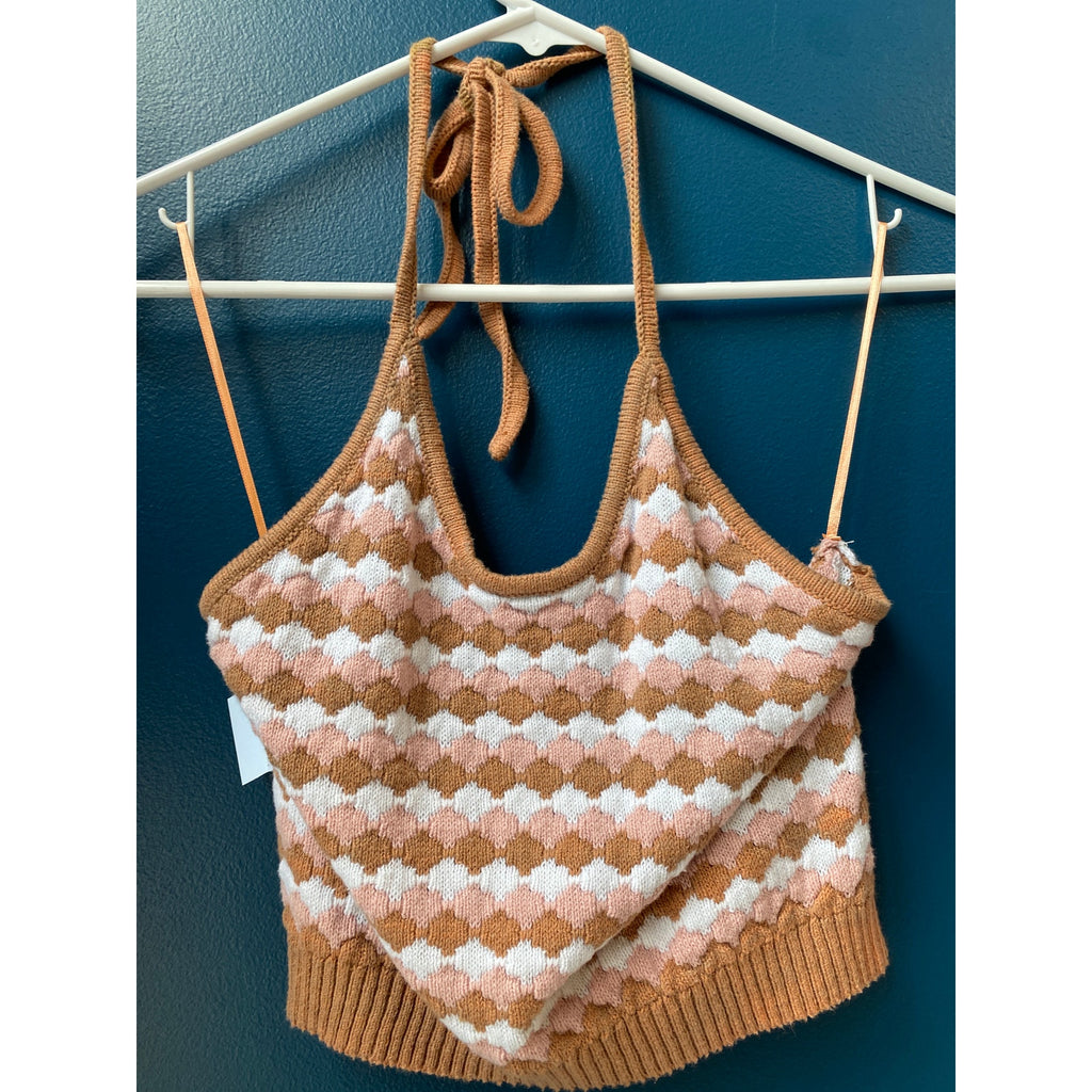Altar'd State Pink Brown Knit Halter Crop Top Women's Size Small
